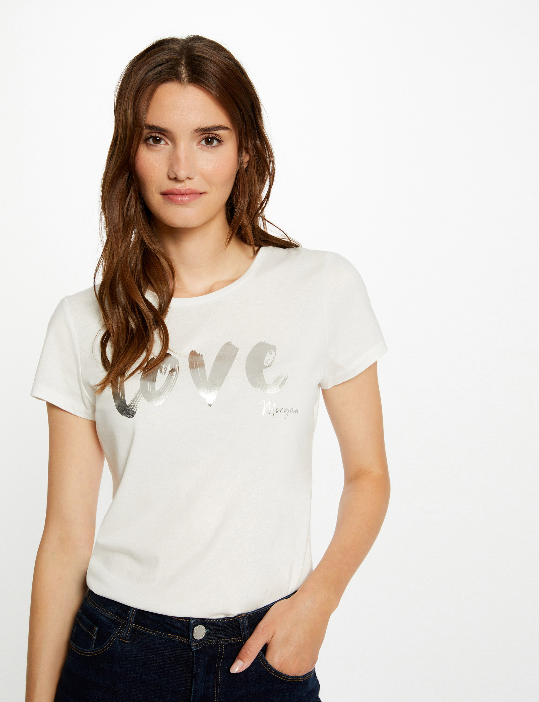 T-shirt manches courtes à inscription ecru femme