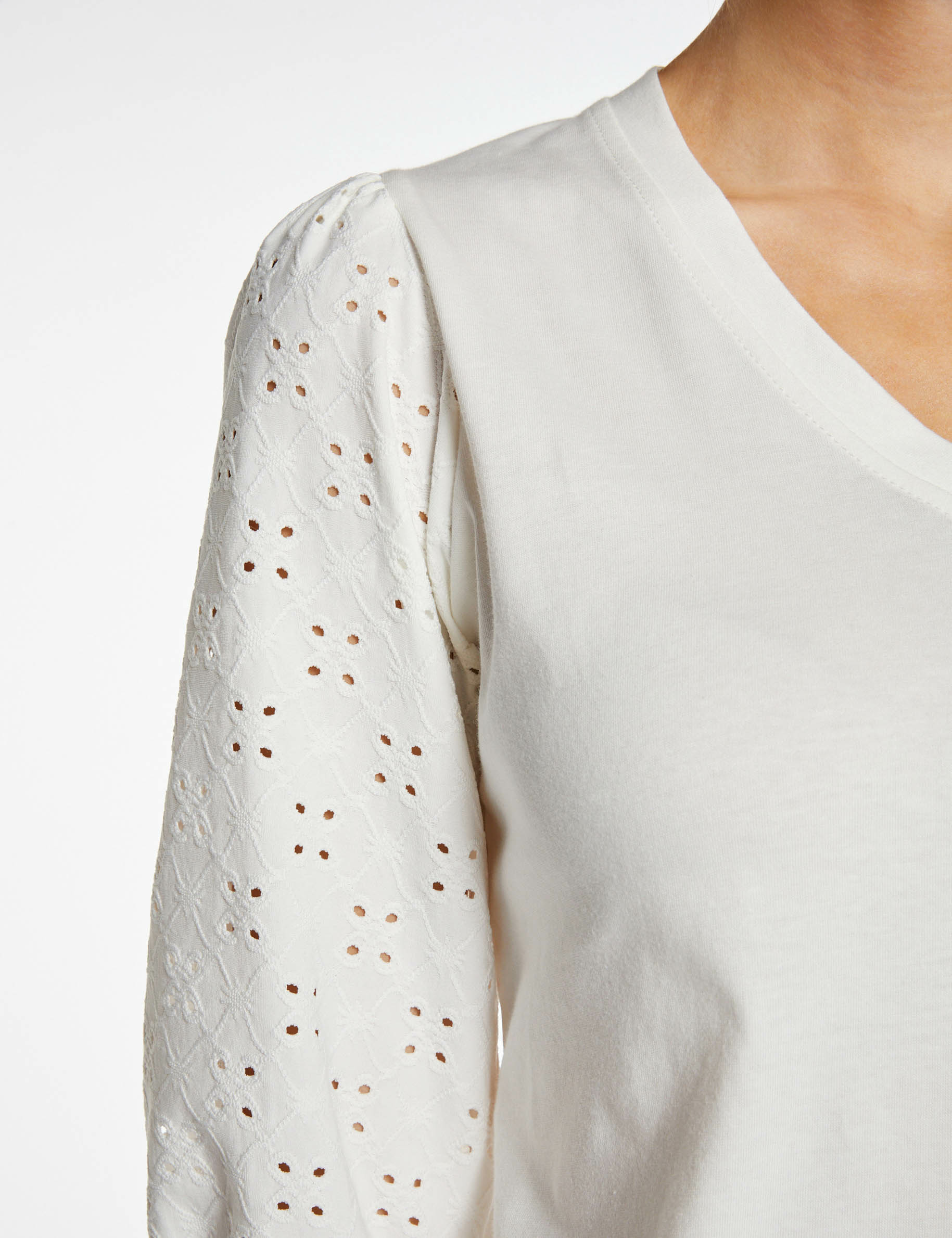 T-shirt manches 3/4 broderie anglaise ecru femme