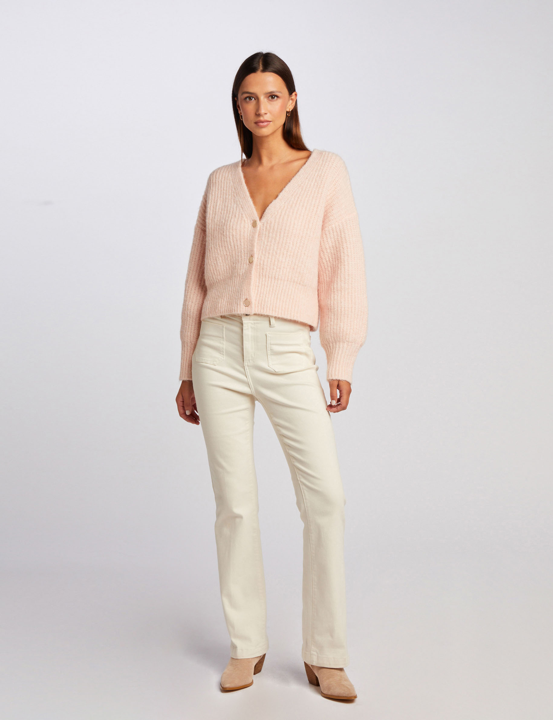 gilet droit boutonne col en v rose femme Gilet droit boutonné col en V rose femme