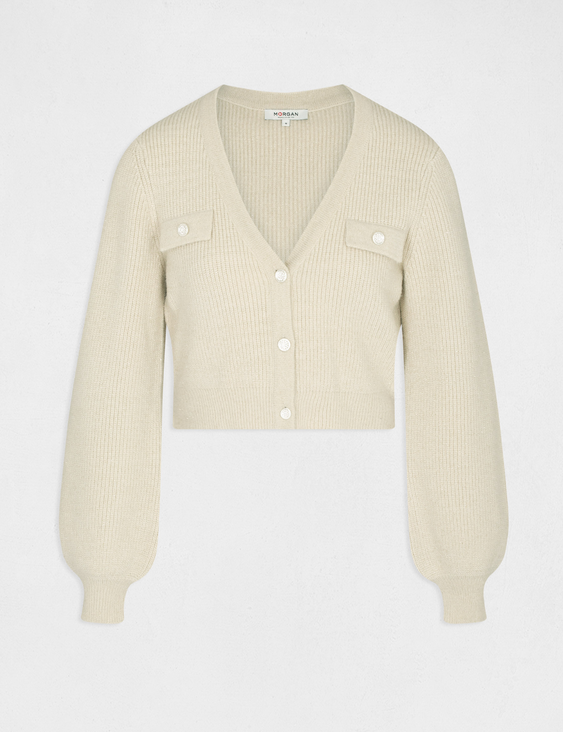Gilet manches longues à col en V beige femme Gilet manches longues à col en V beige femme