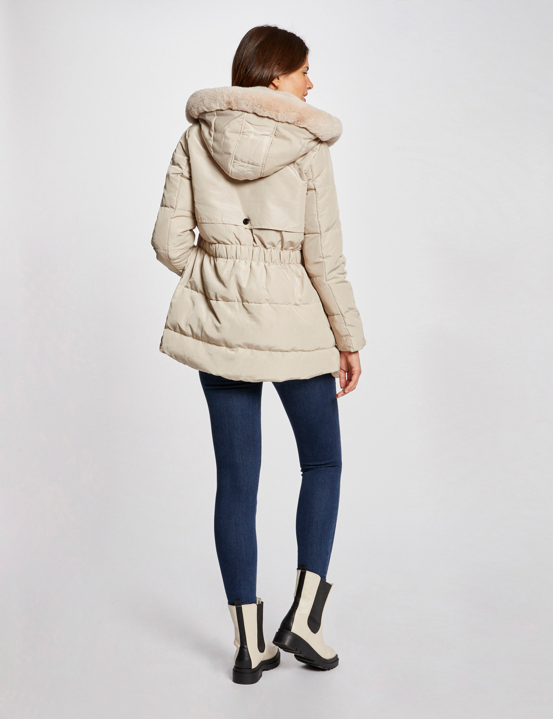 Doudoune droite à capuche beige femme