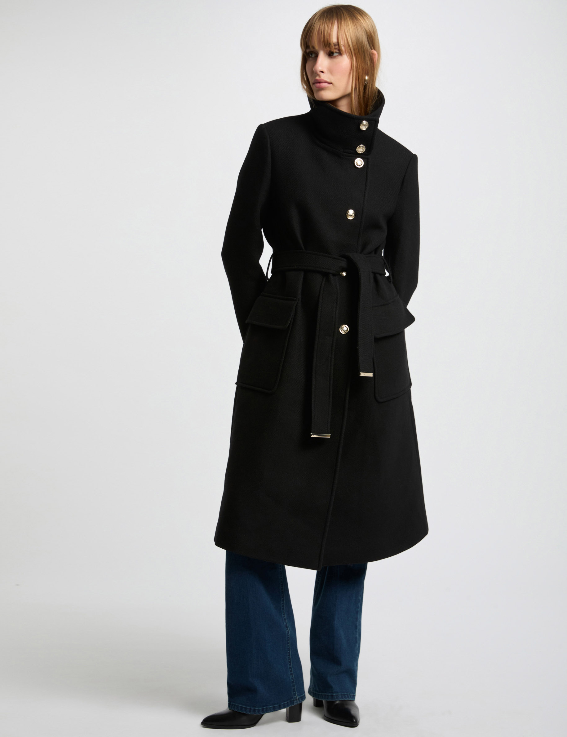 Manteau long ceintur&eacute; noir femme