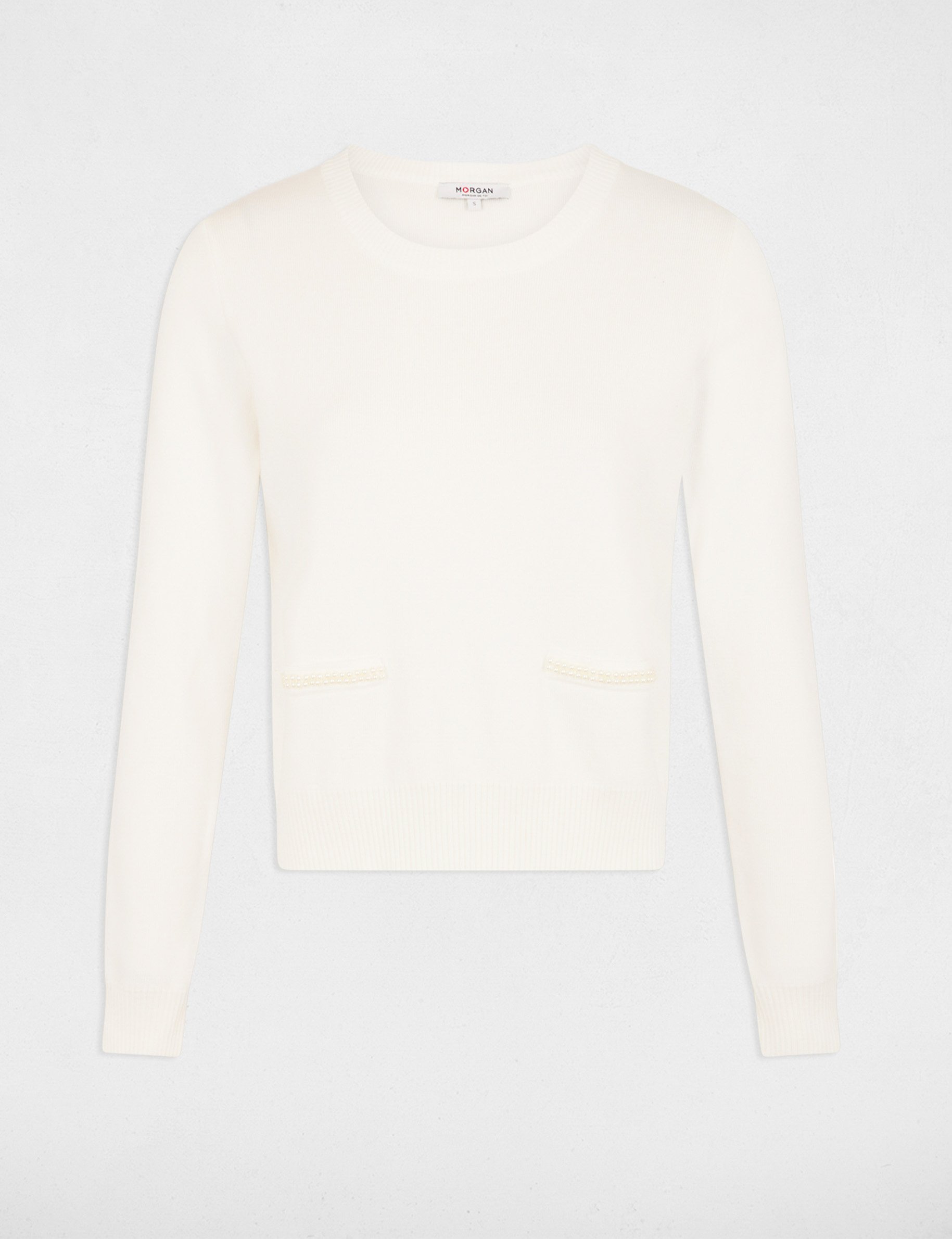 pull col rond avec perles blanc femme Pull col rond avec perles blanc femme