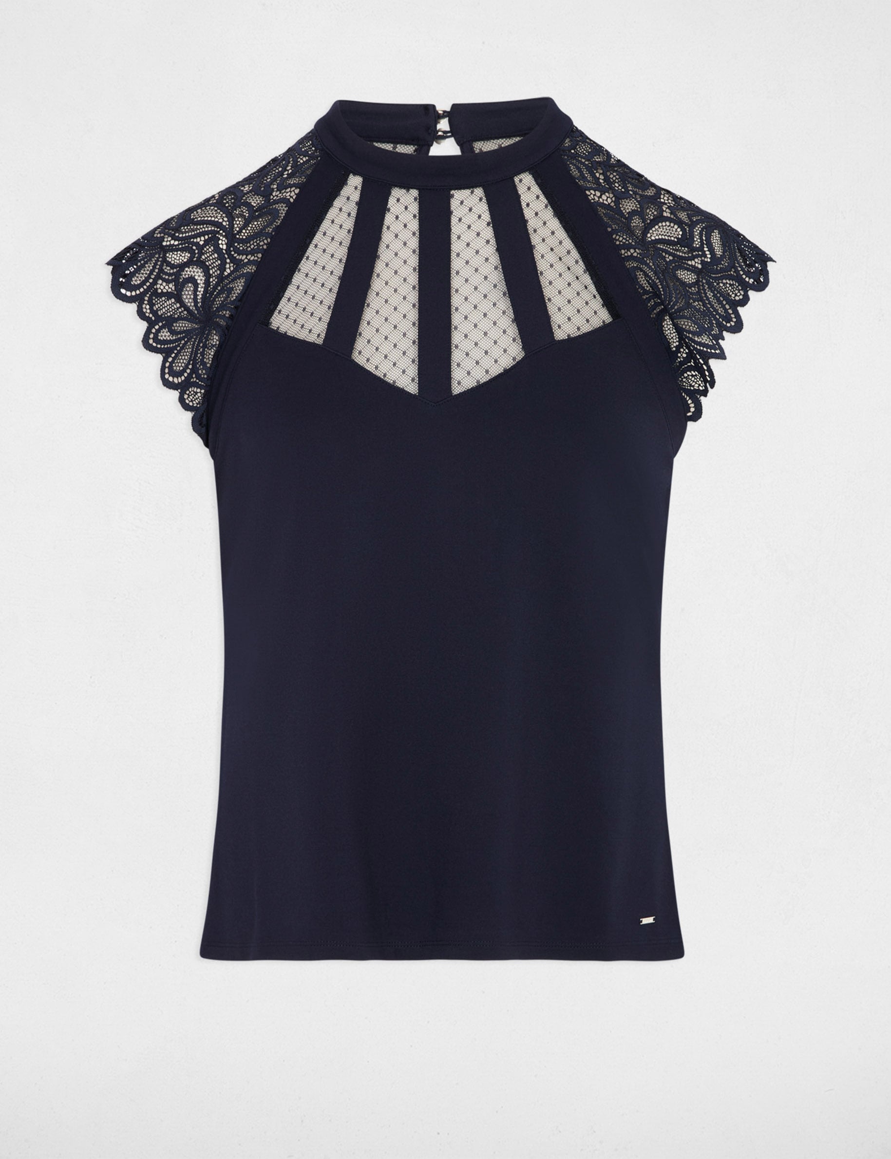 T-shirt manches courtes &agrave; dentelle bleu marine femme