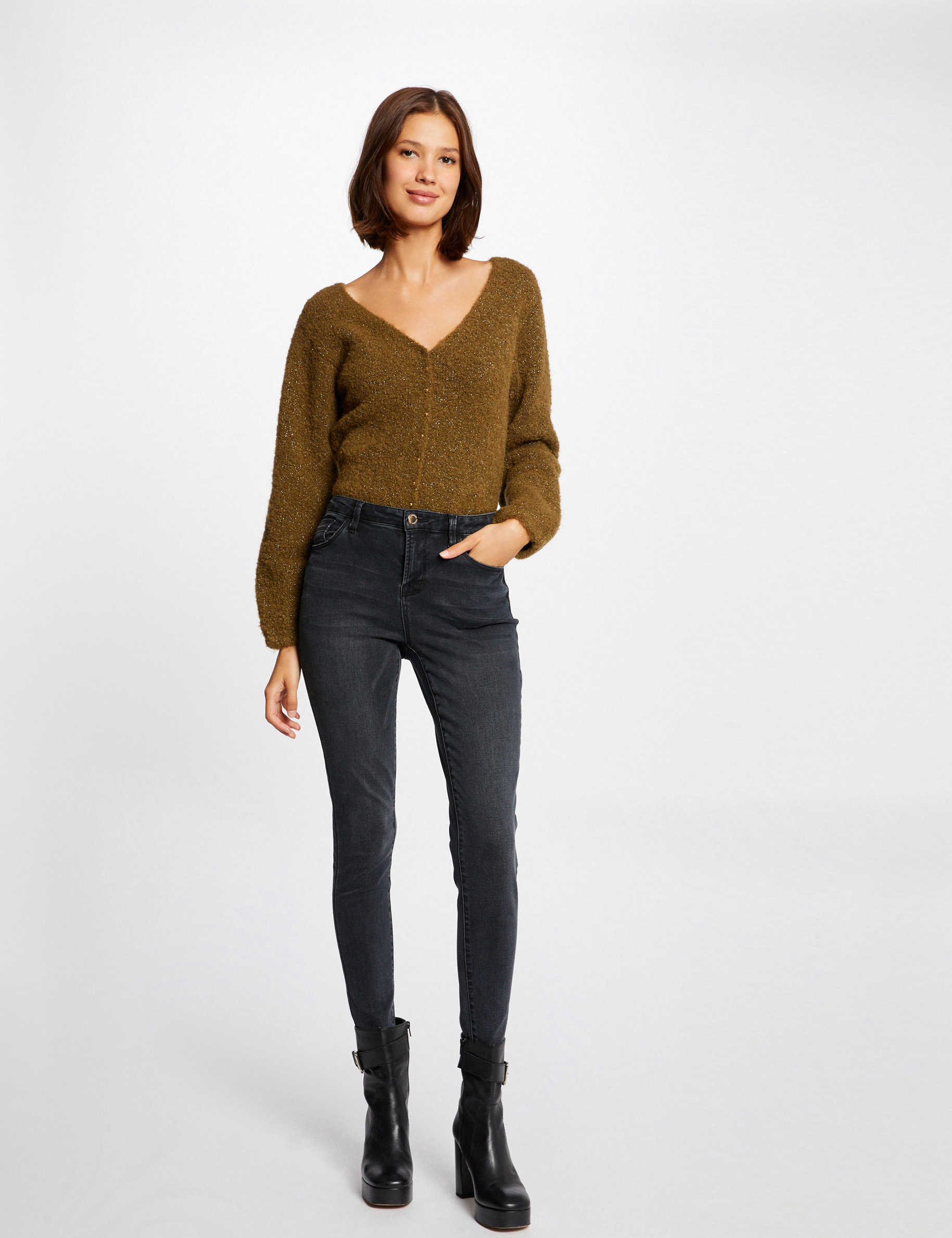 Pull manches longues avec col en V vert moyen femme