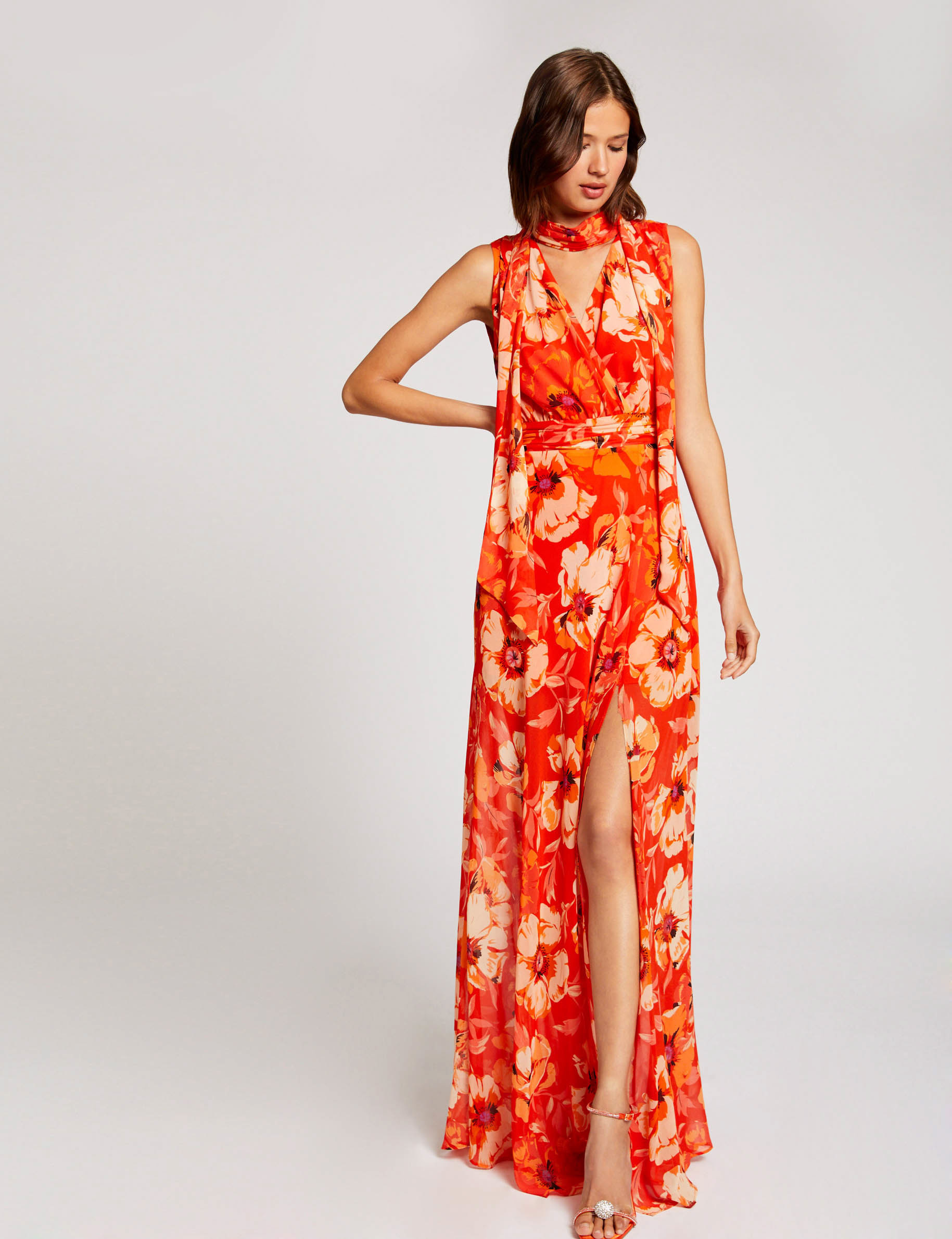 Robe longue droite fendue imprimé floral orange femme