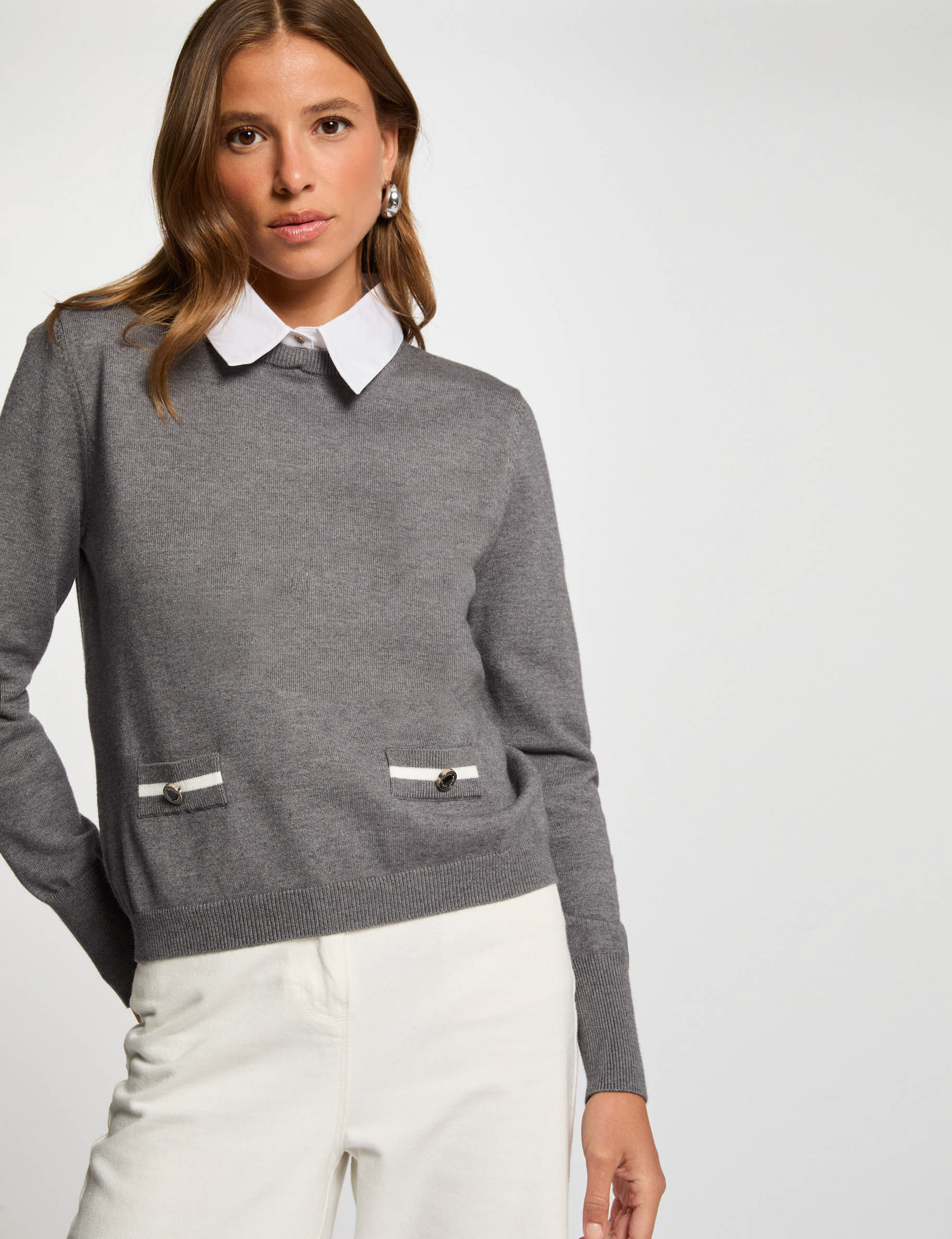 Pull col chemise gris foncé femme