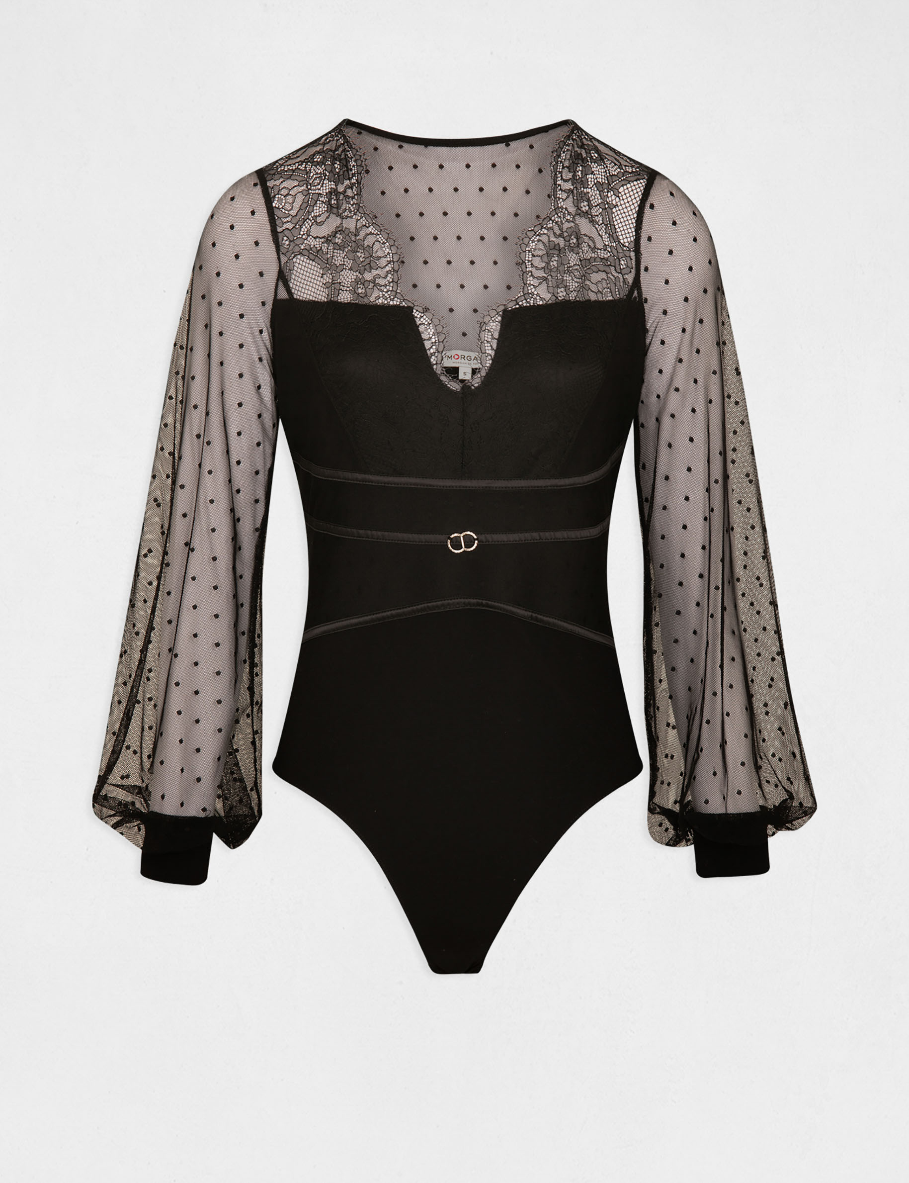 Body manches longues à plumetis noir femme