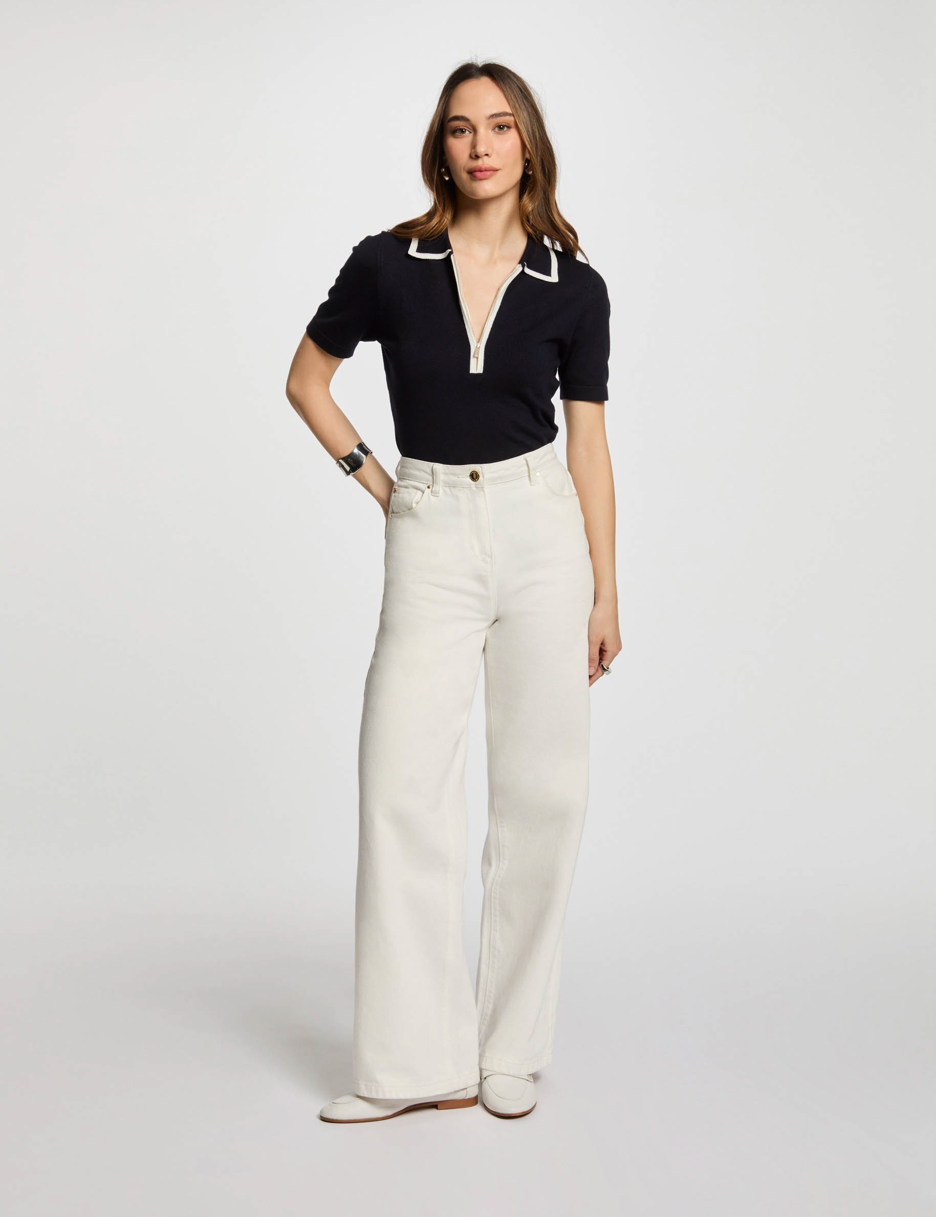 Pull col polo zippé bleu marine femme