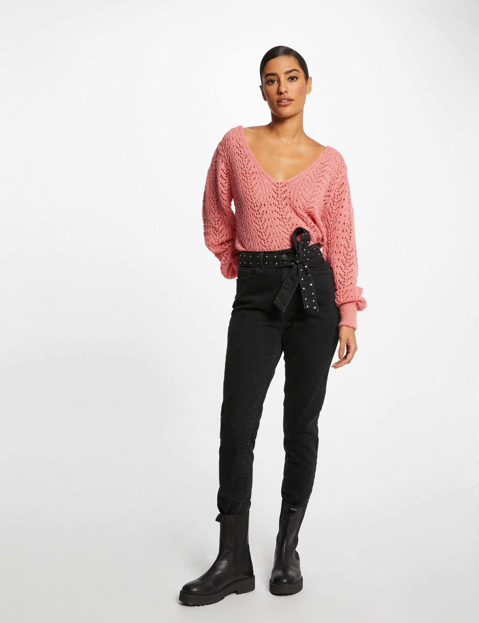 Pull manches longues à détails ajourés rose femme Pull manches longues à détails ajourés rose femme