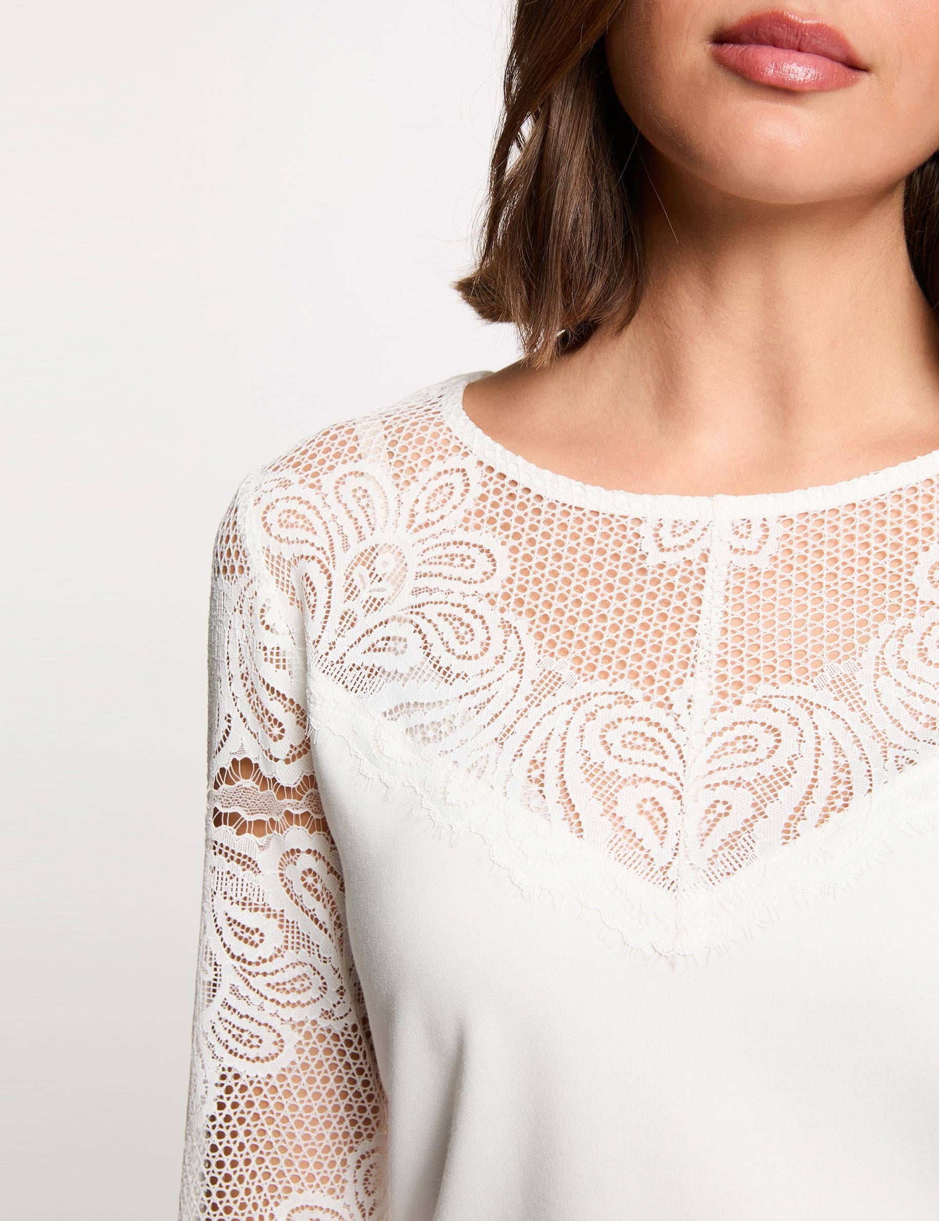 T-shirt dentelle manches longues blanc femme