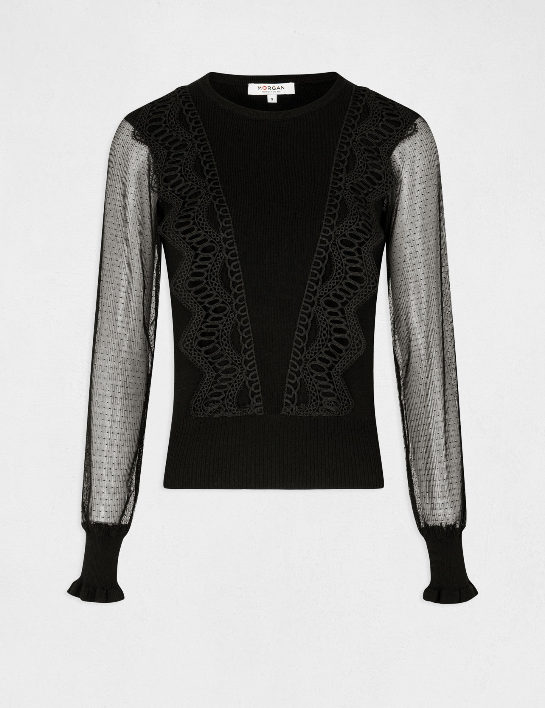 pull manches longues en plumetis noir femme Pull manches longues en plumetis noir femme