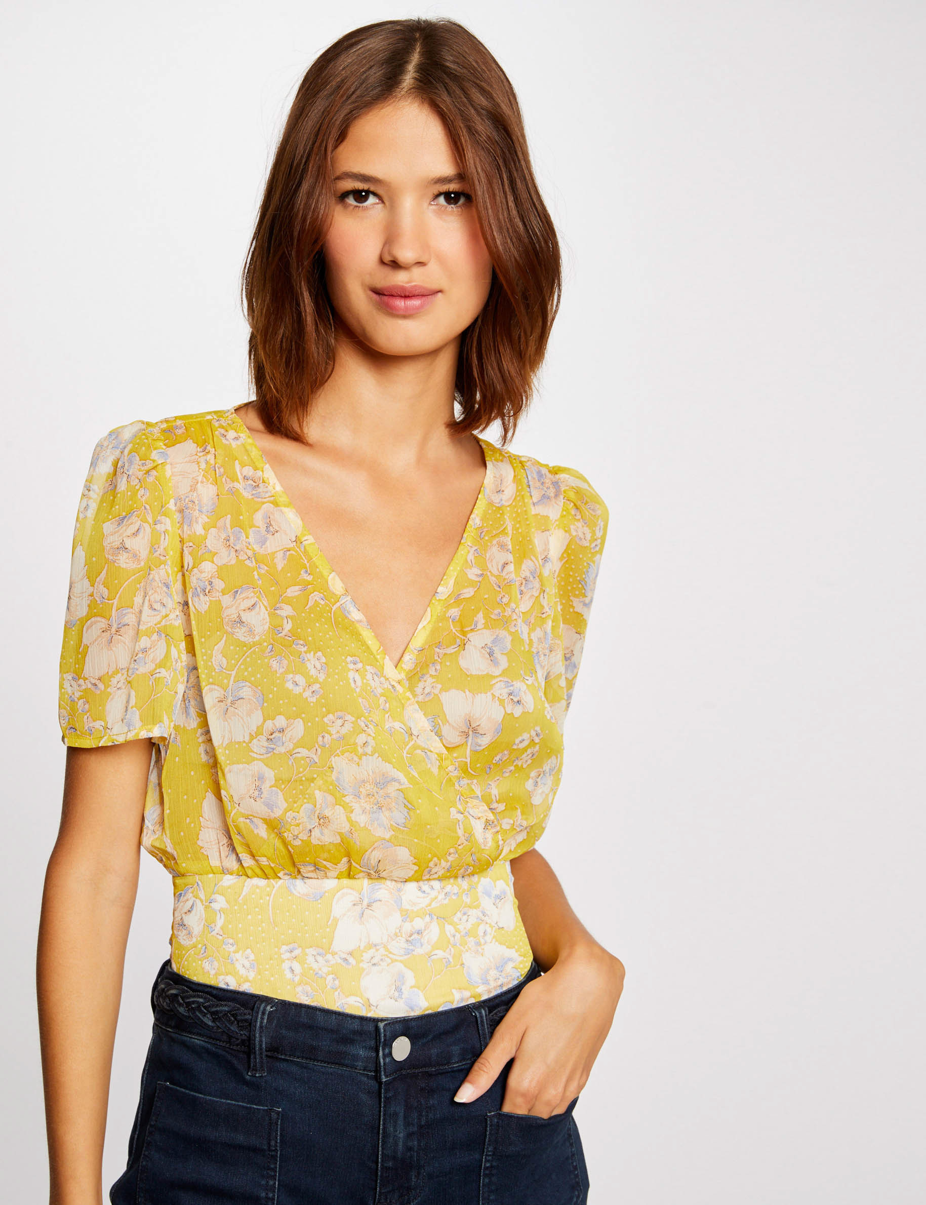 Blouse manches courtes imprimé floral jaune femme Blouse manches courtes imprimé floral jaune femme