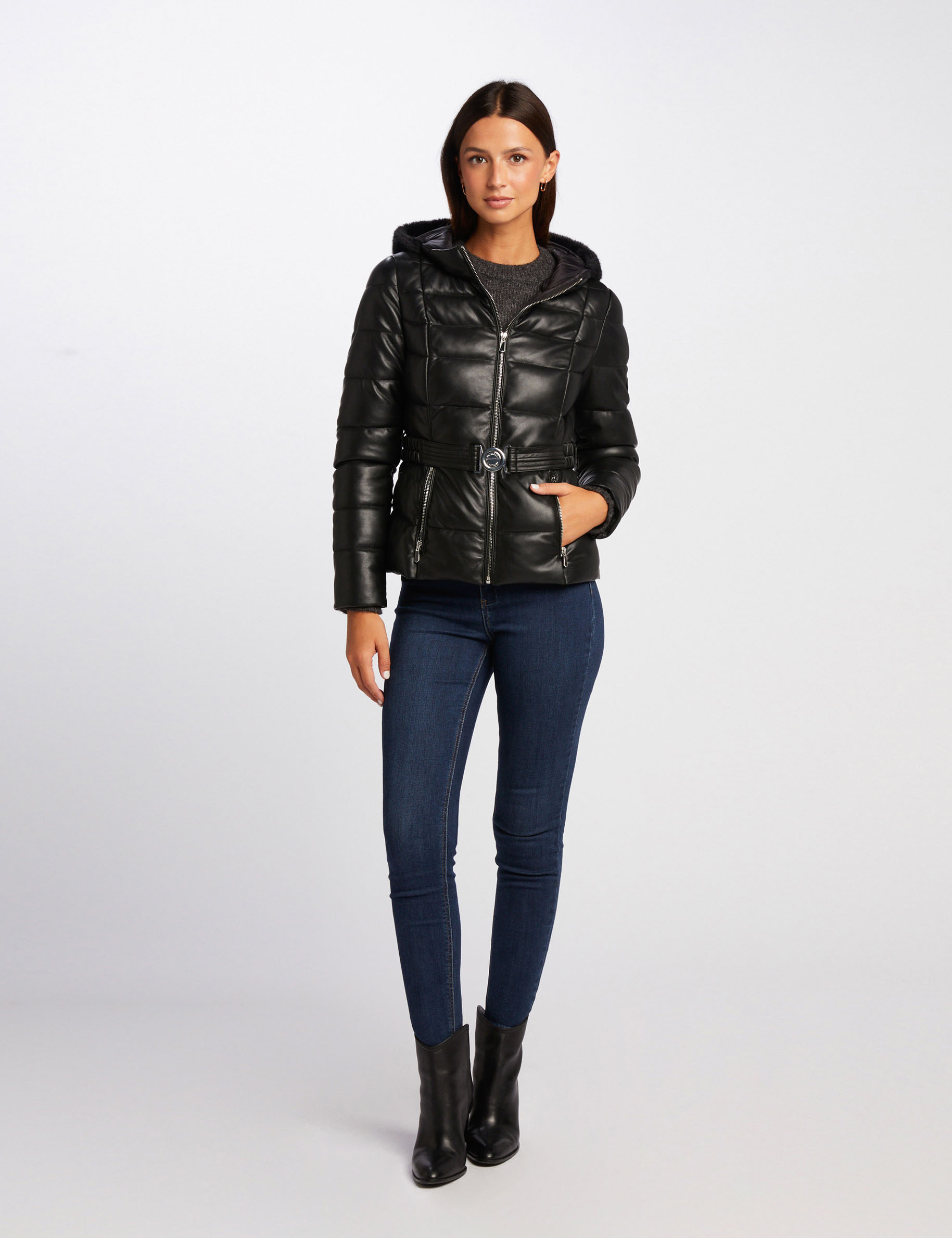 Doudoune cintr?�e ?� capuche simili cuir noir femme | Morgan