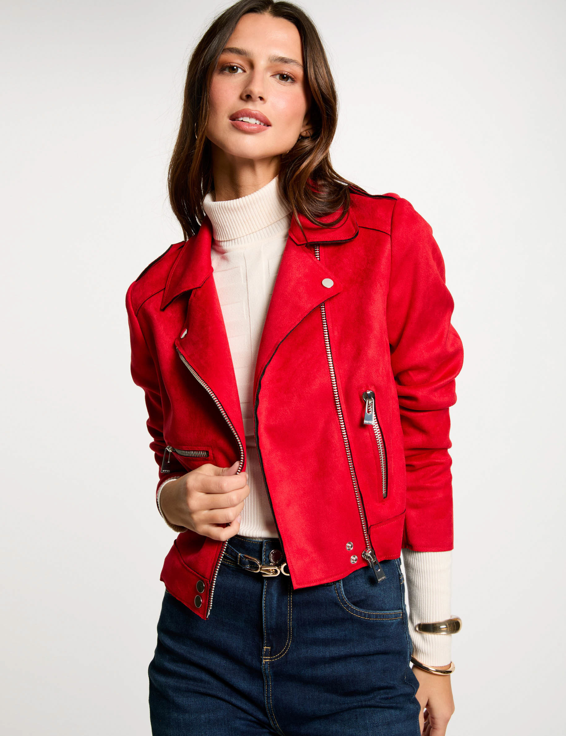 blouson court zippe suedine rouge femme Blouson court zippé suédine rouge femme
