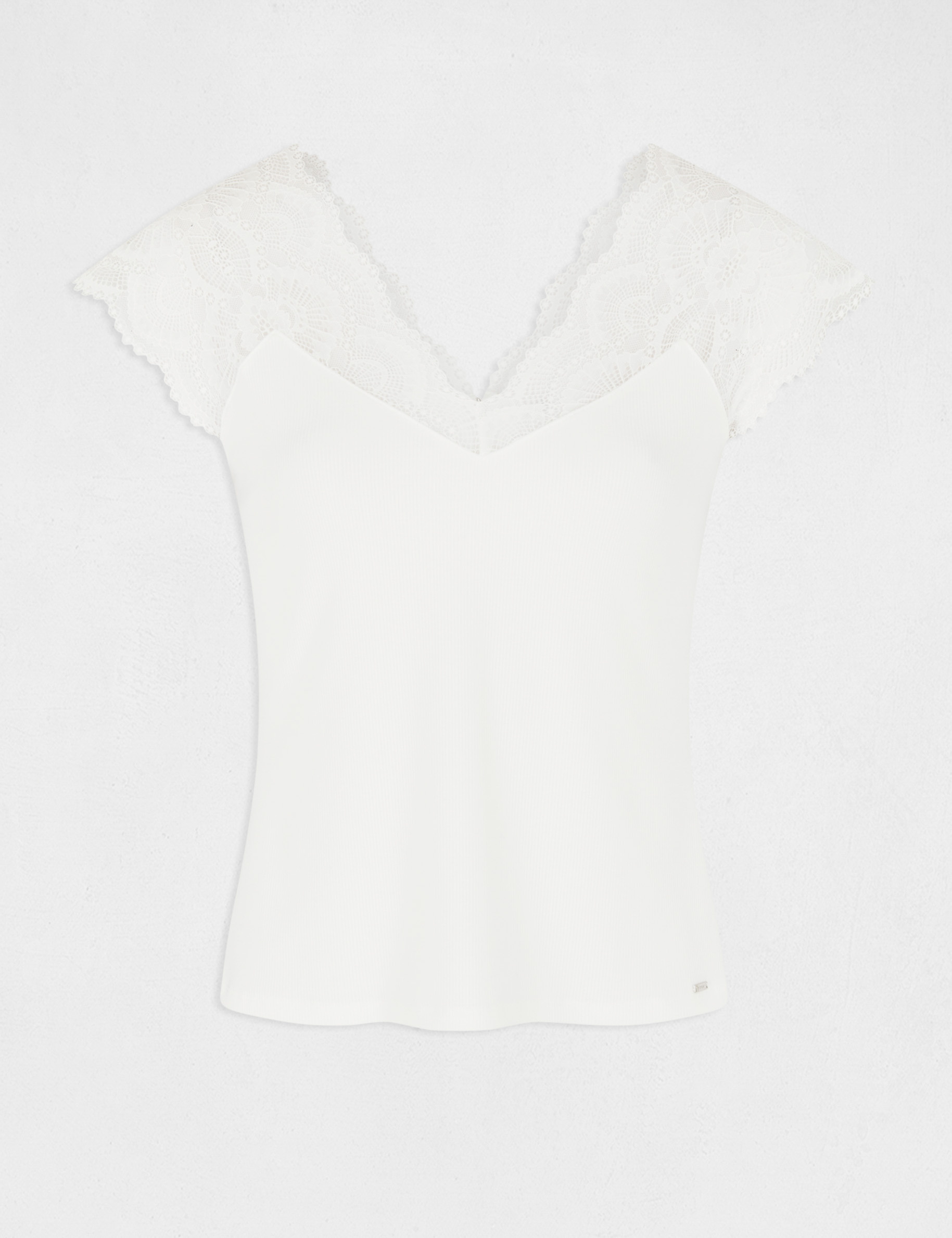 T-shirt manches courtes &agrave; dentelle ivoire femme