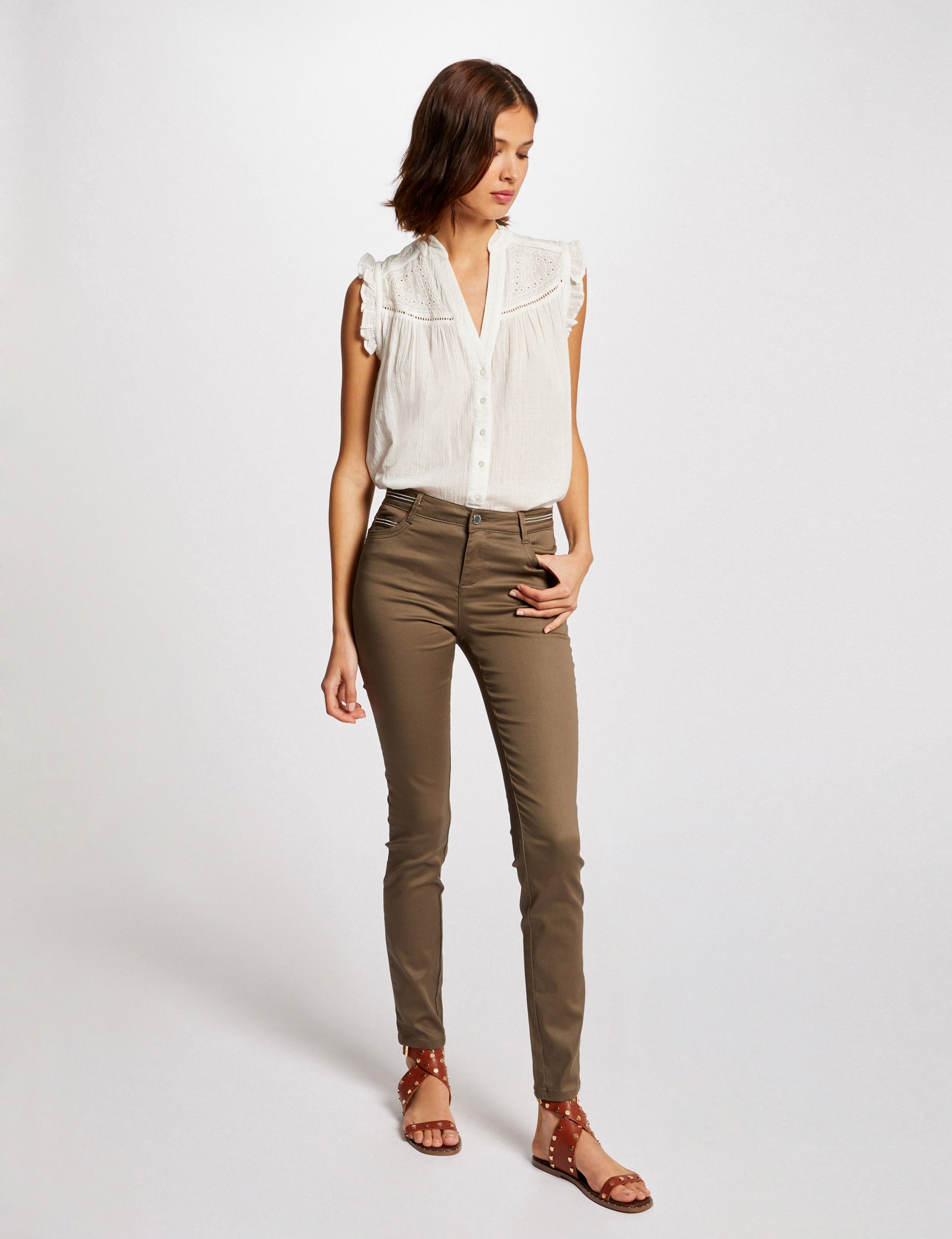 Pantalon slim enduit vert kaki femme