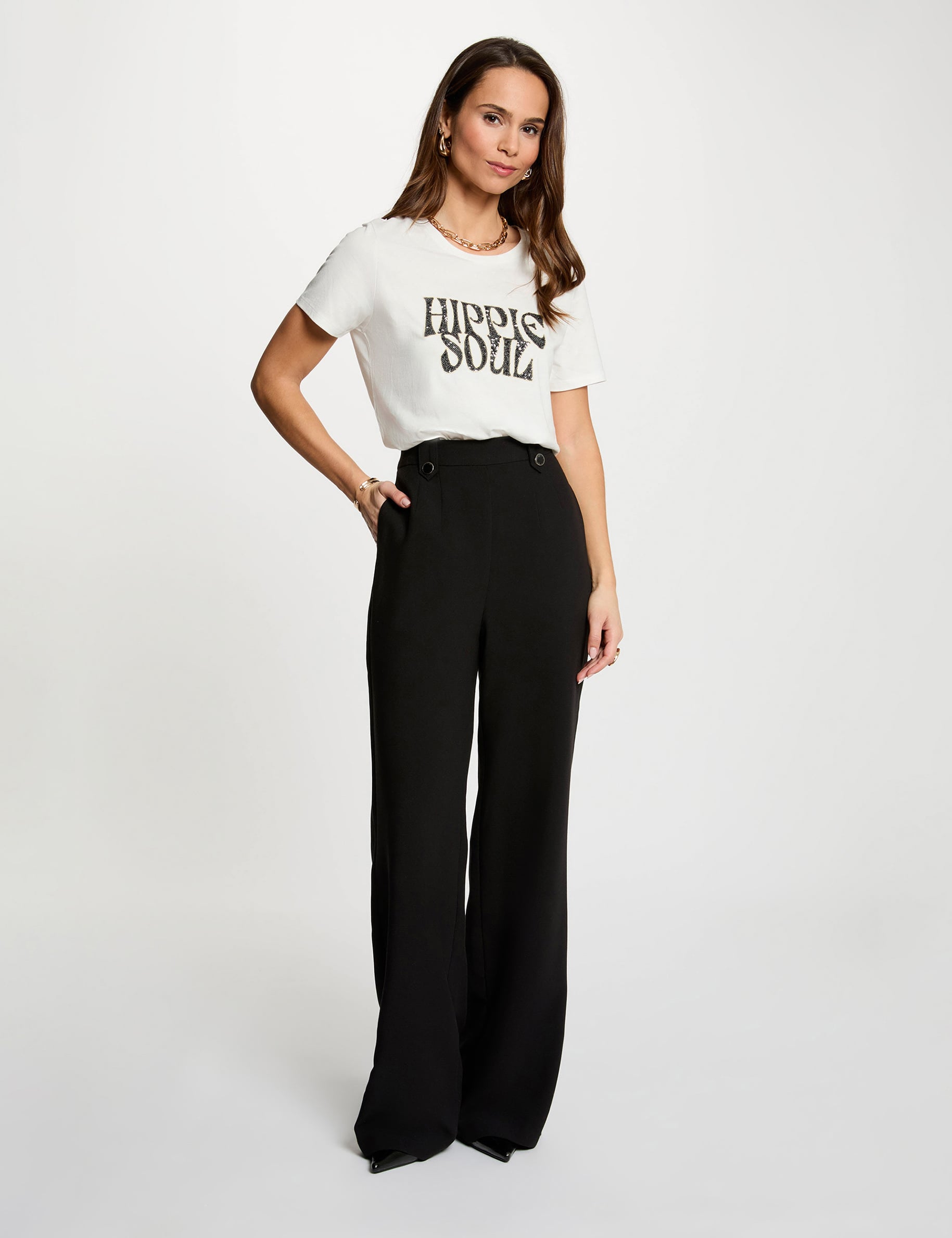 Pantalon large taille haute noir femme