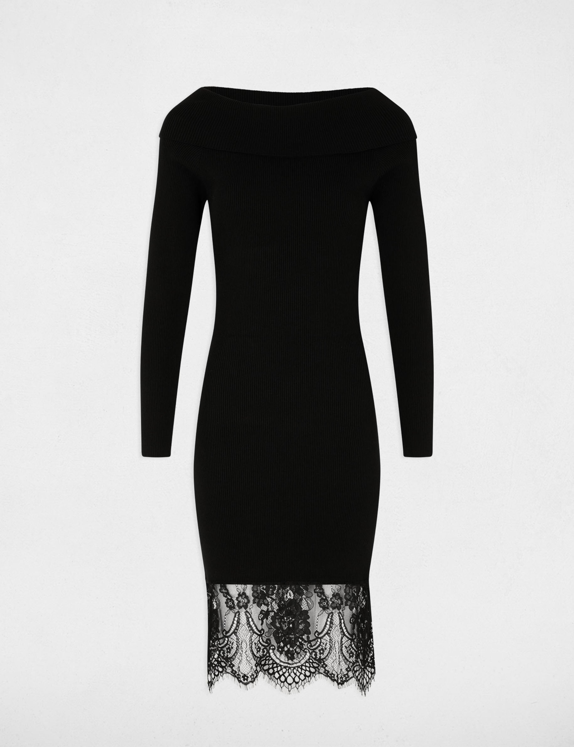 Robe tricot col b&eacute;nitier noir femme