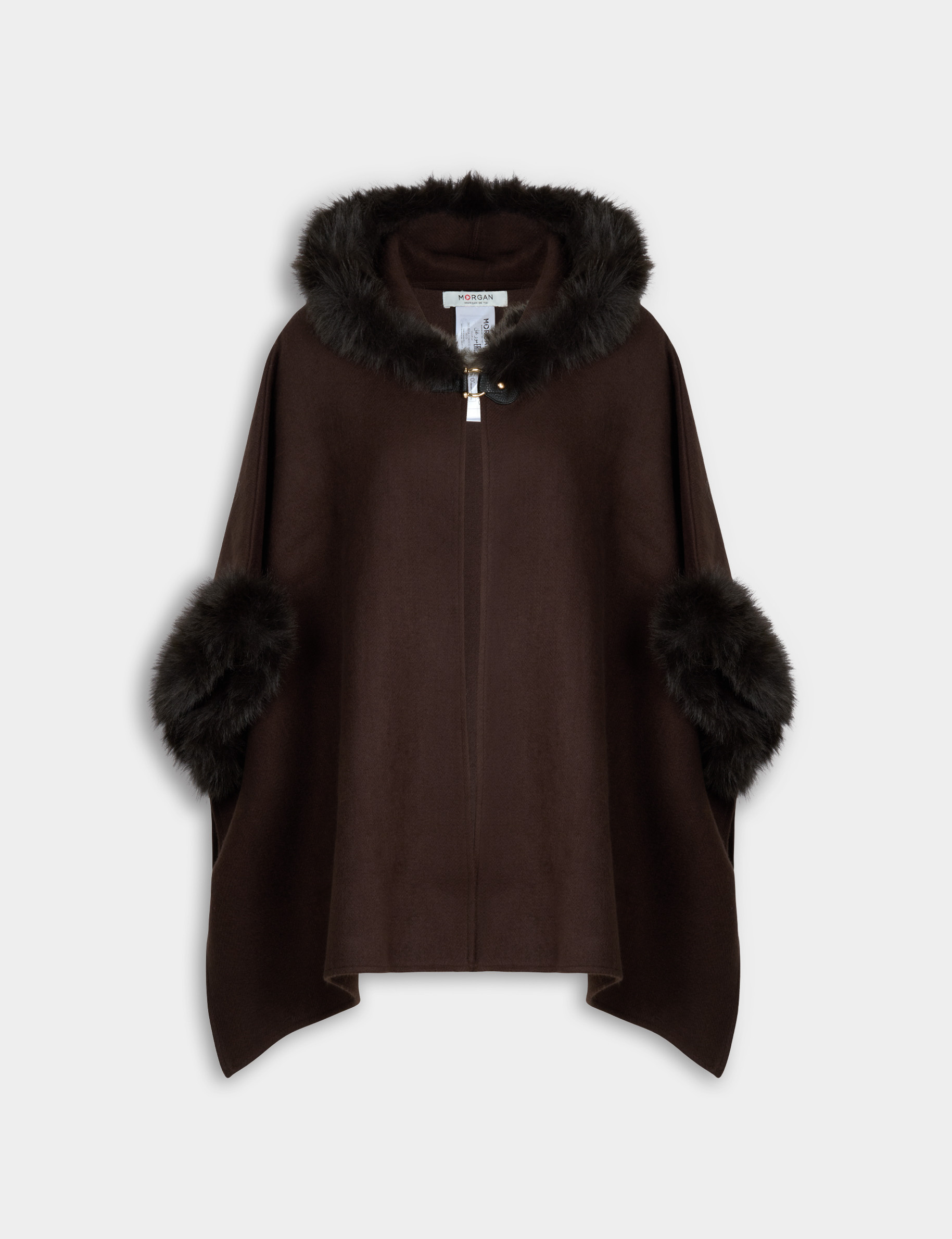 Poncho fausse fourrure marron fonc&eacute; femme