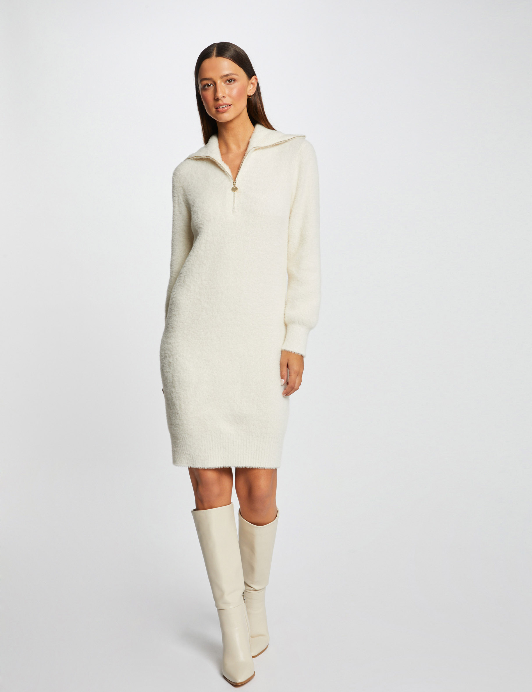 robe pull droite avec col camionneur ivoire femme Robe pull droite avec col camionneur ivoire femme