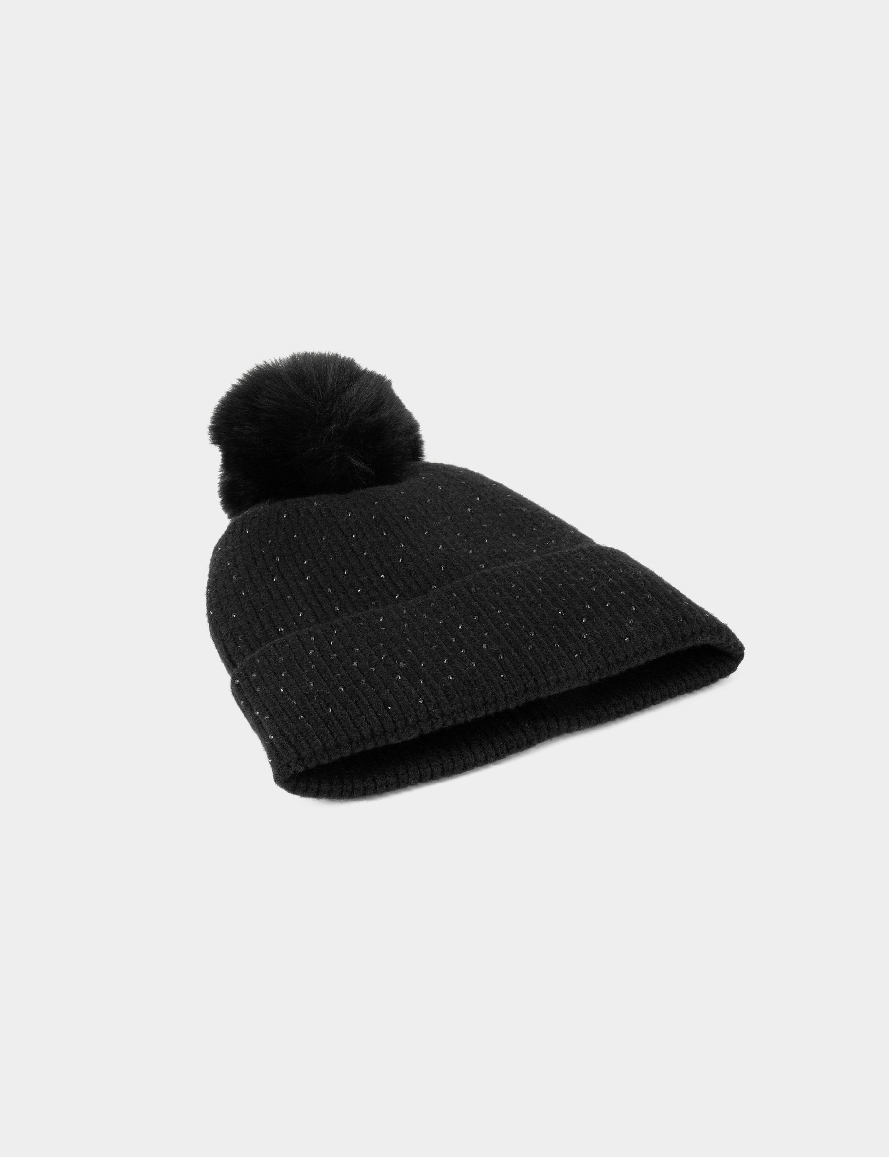 bonnet avec strass et pompon noir femme Bonnet avec strass et pompon noir femme