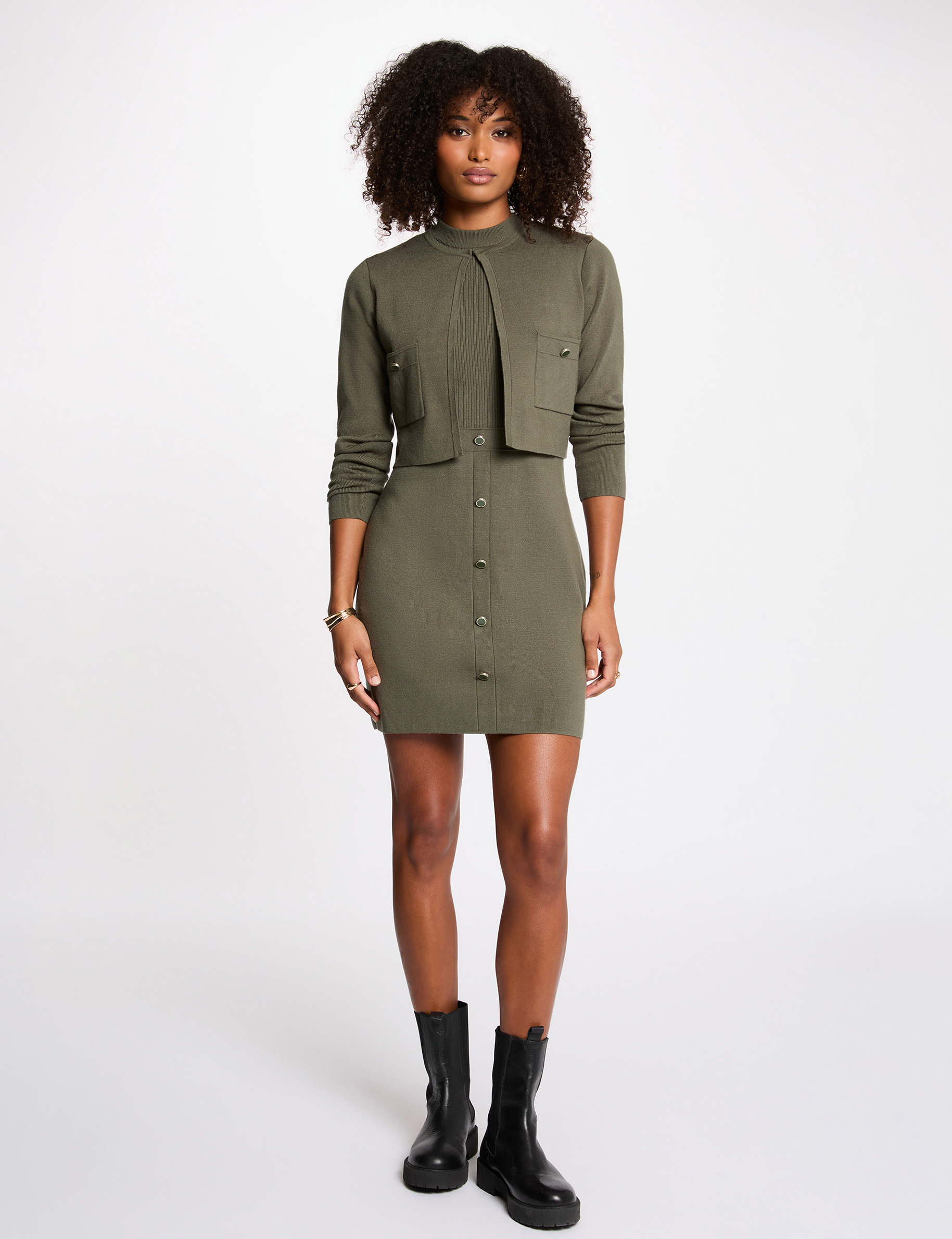 Robe tricot effet 2-en-1 vert kaki femme