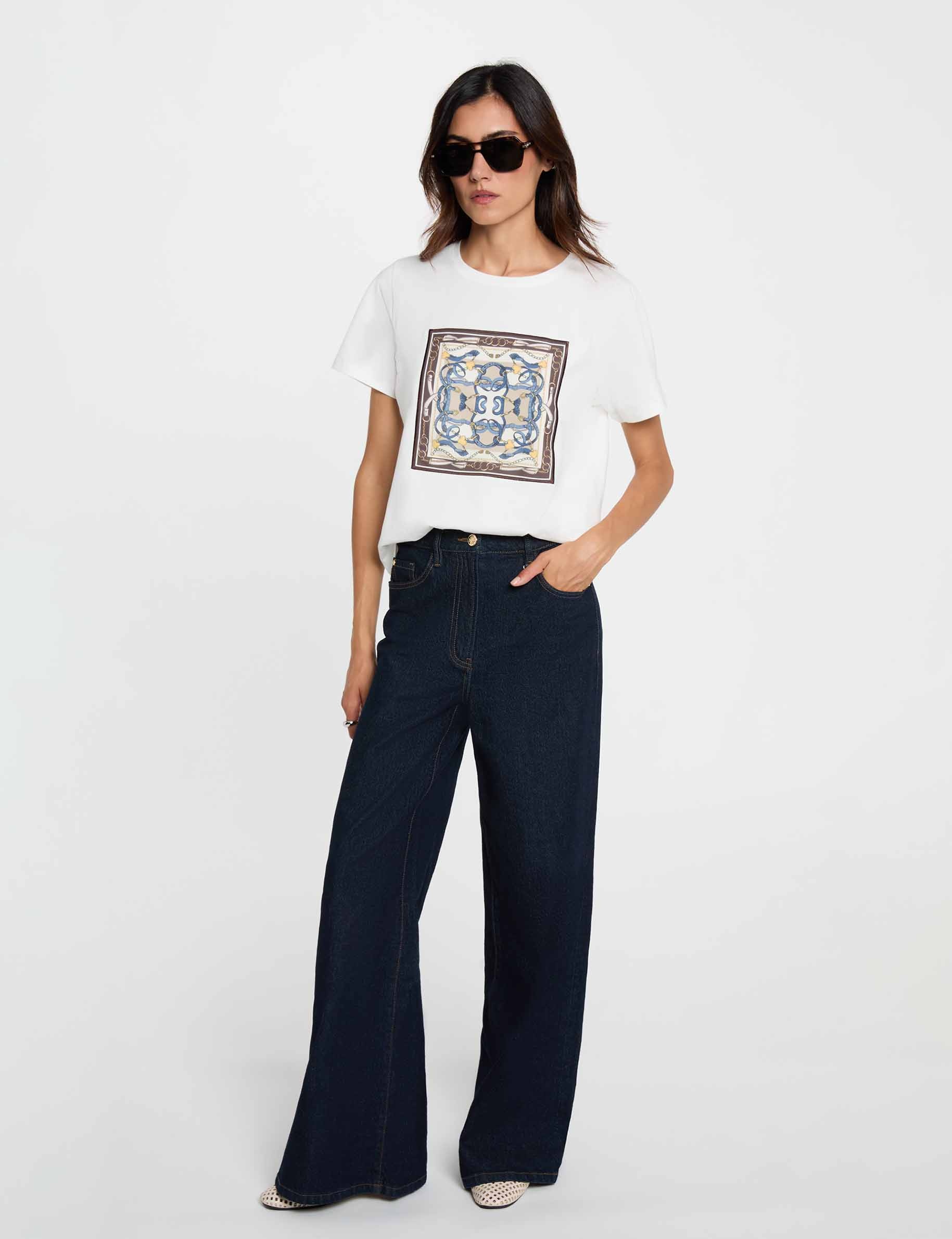 T-shirt imprim&eacute; col rond blanc femme