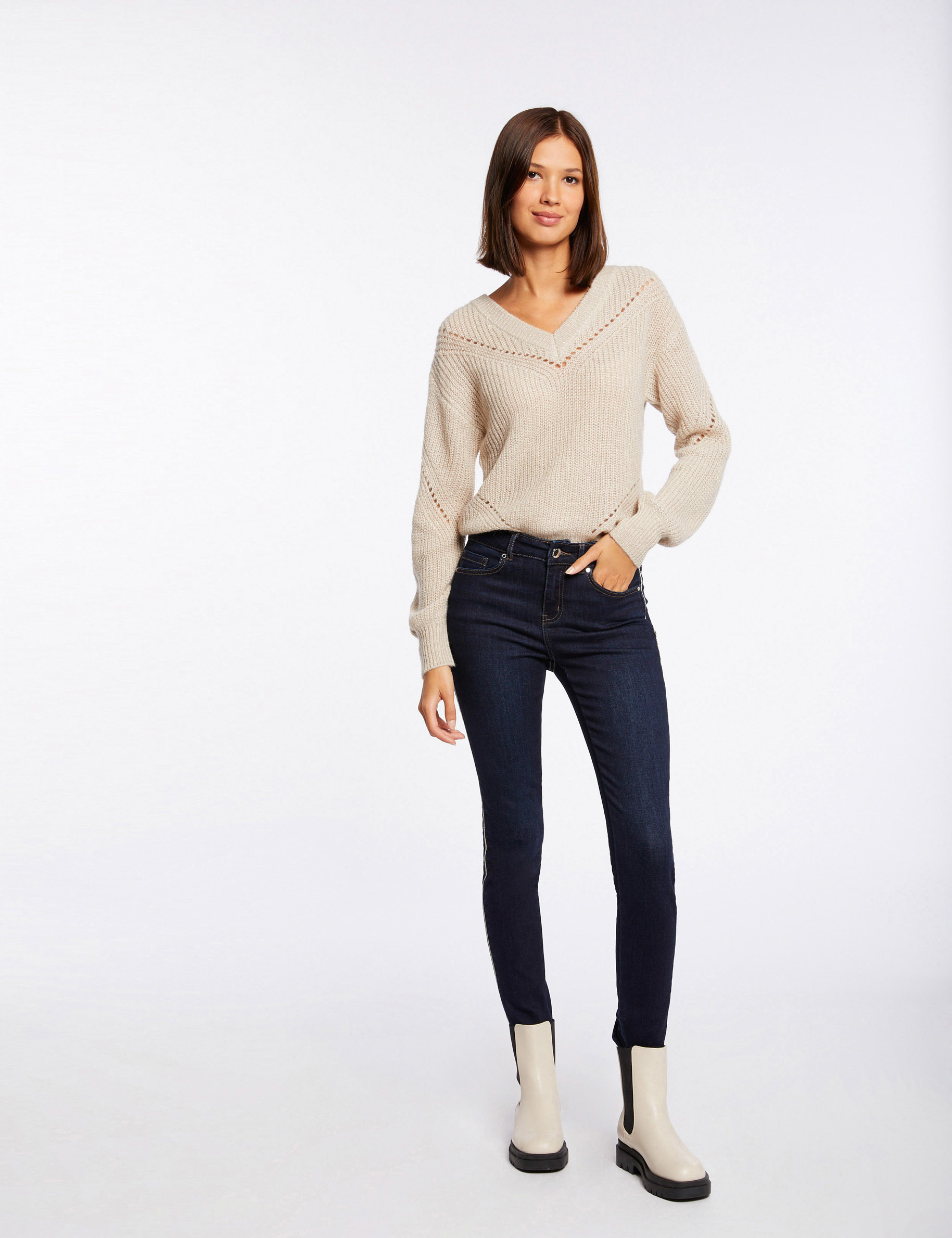 Jeans slim avec bandes strass jean brut femme