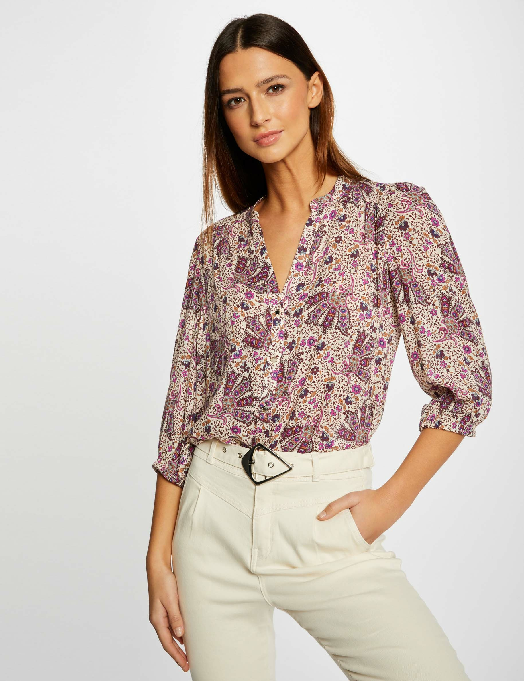 Chemise manches 3/4 imprimé végétal multico femme Chemise manches 3/4 imprimé végétal multico femme