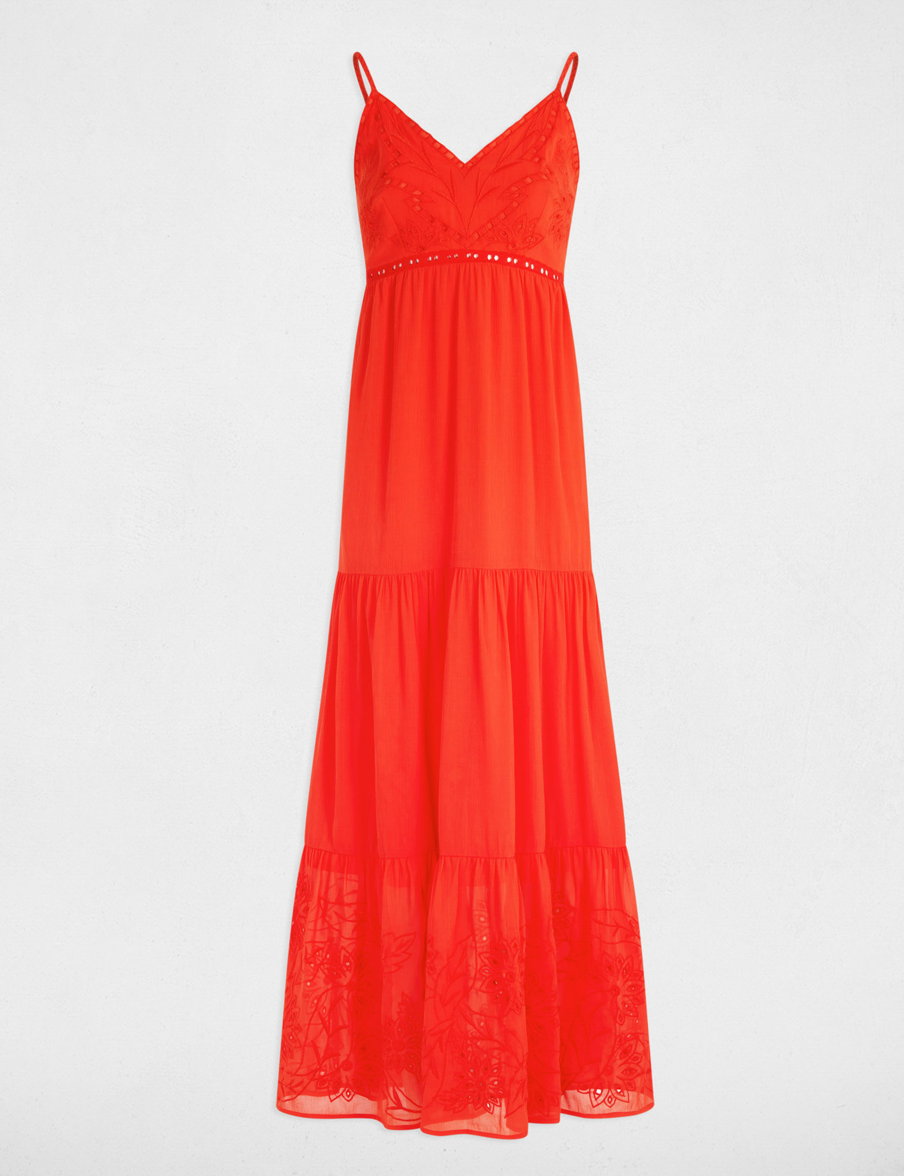 Robe longue fluide broderie orange femme
