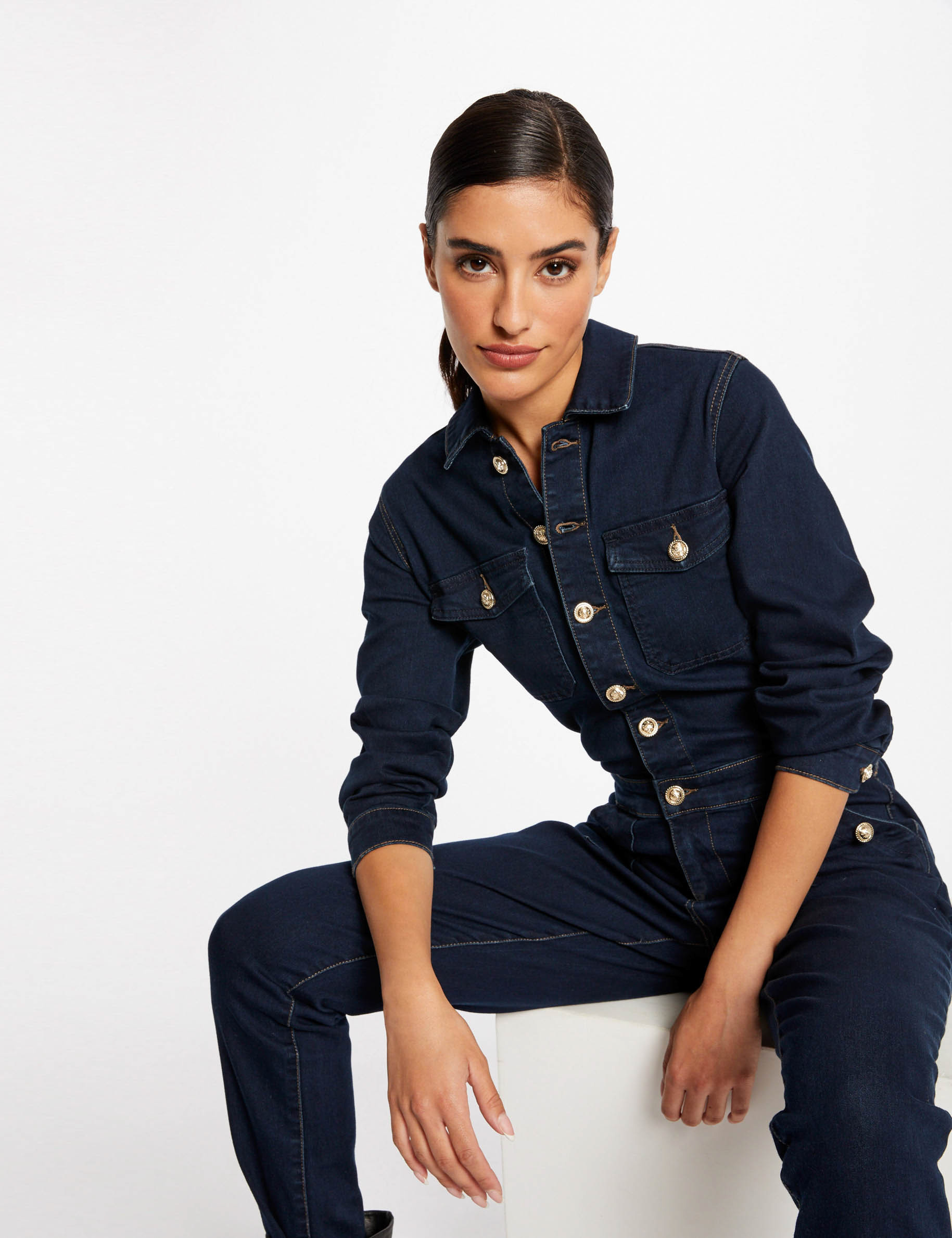 Combinaison droite boutonnée en jean jean brut femme