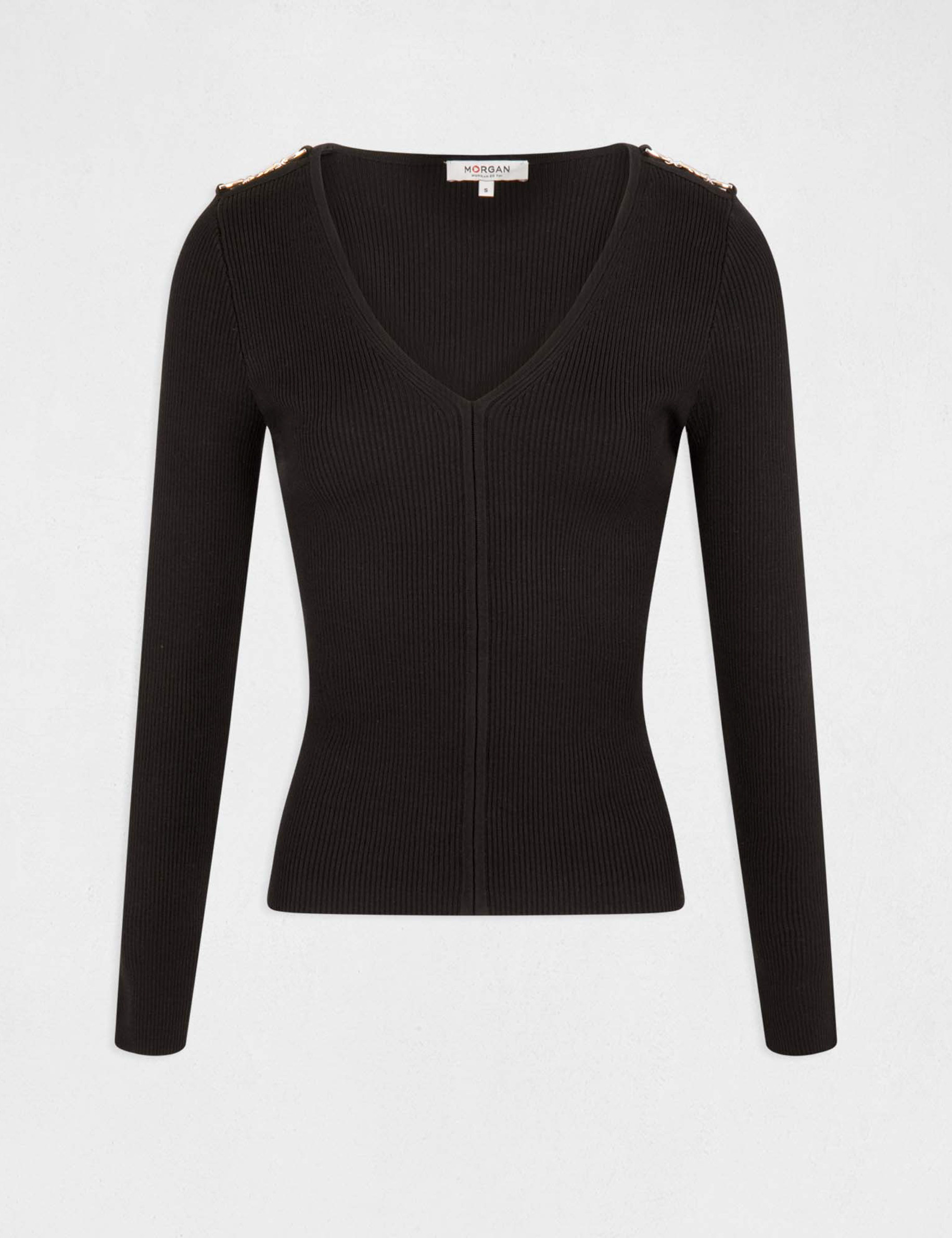 Pull manches longues avec col en V noir femme Pull manches longues avec col en V noir femme