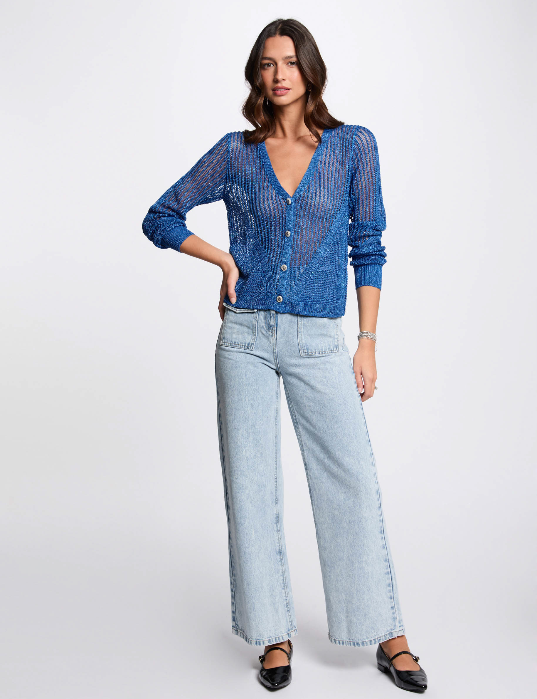 Gilet manches longues ajouré bleu electrique femme