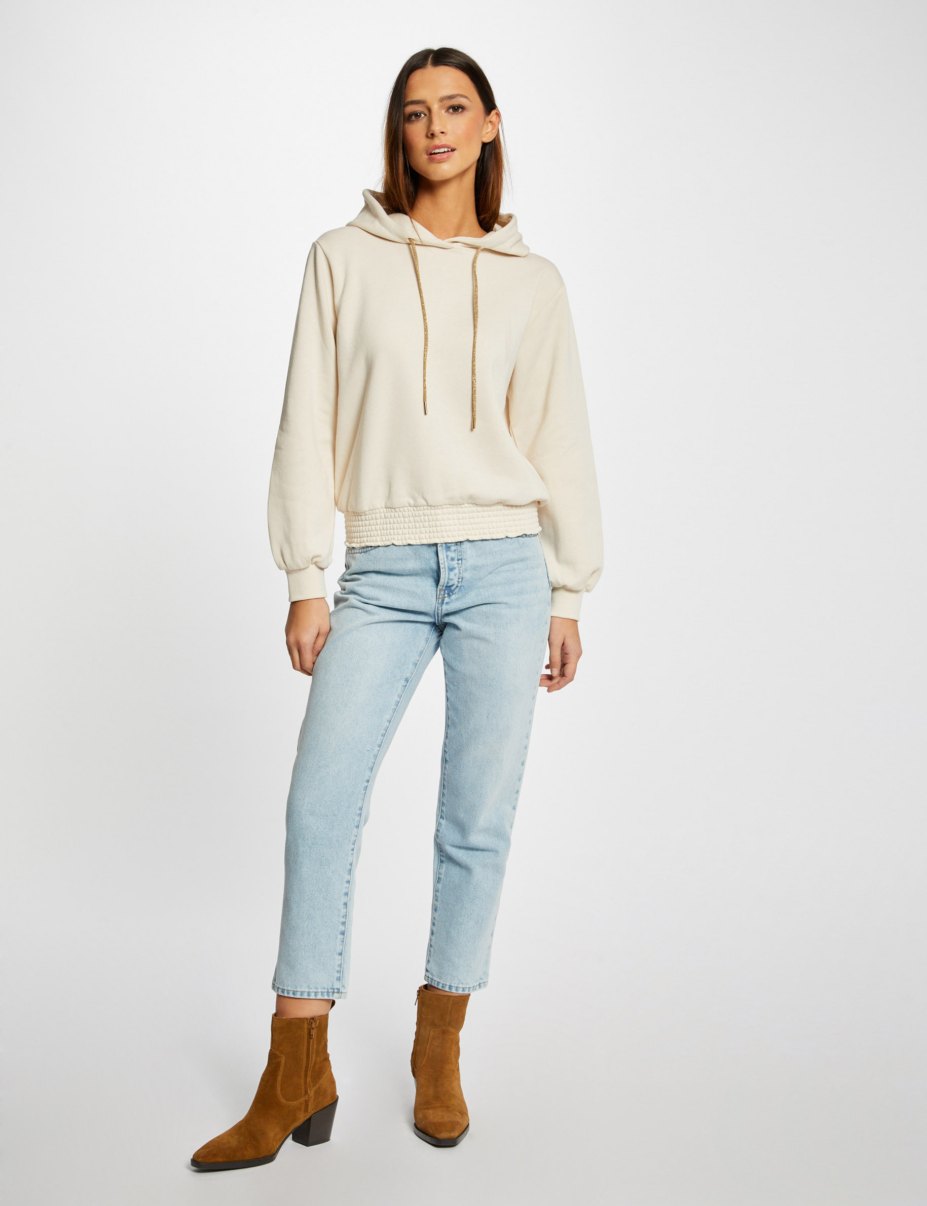 Sweat manches longues à capuche ivoire femme | Morgan
