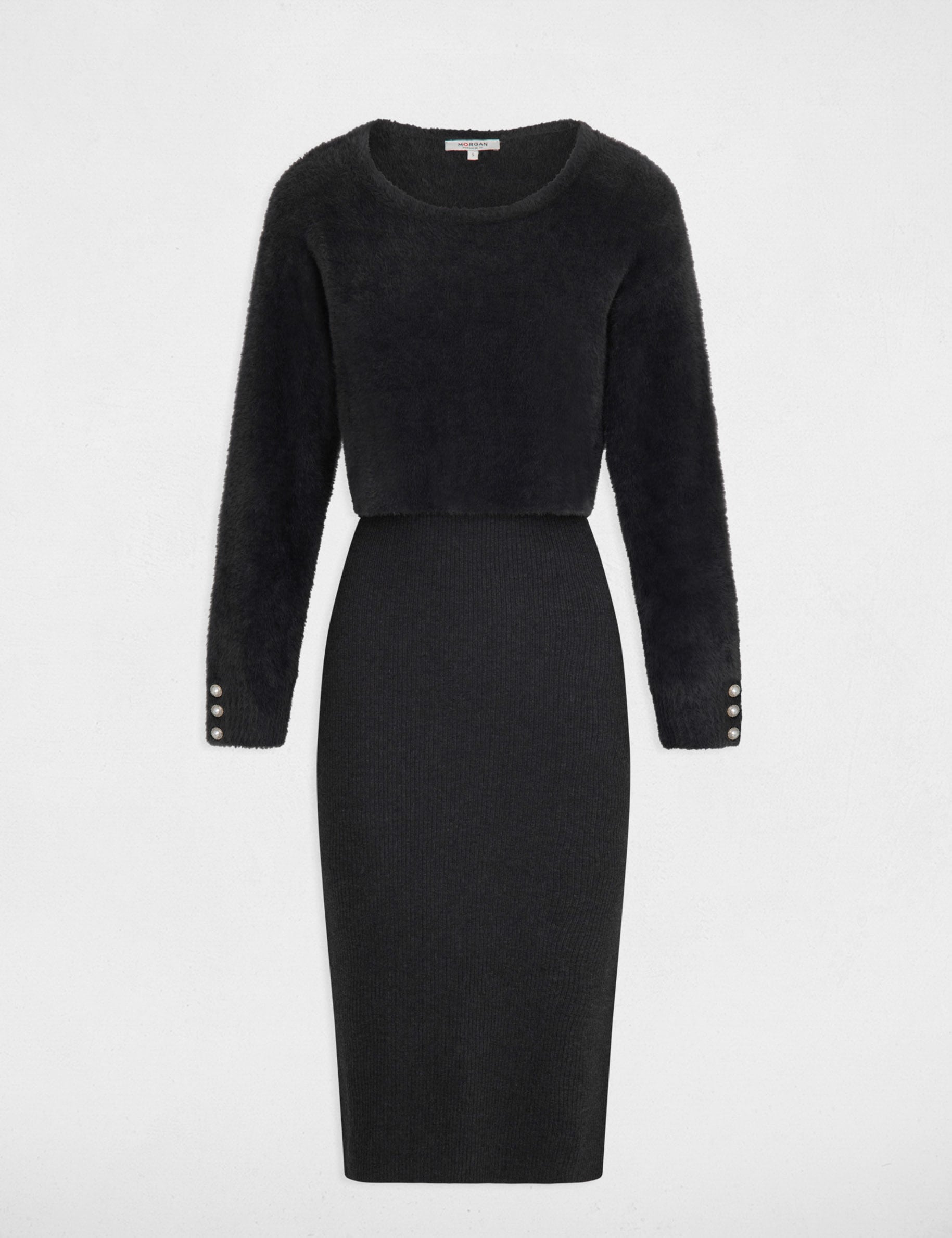Robe tricot midi ajust&eacute;e 2-en-1 gris fonc&eacute; femme