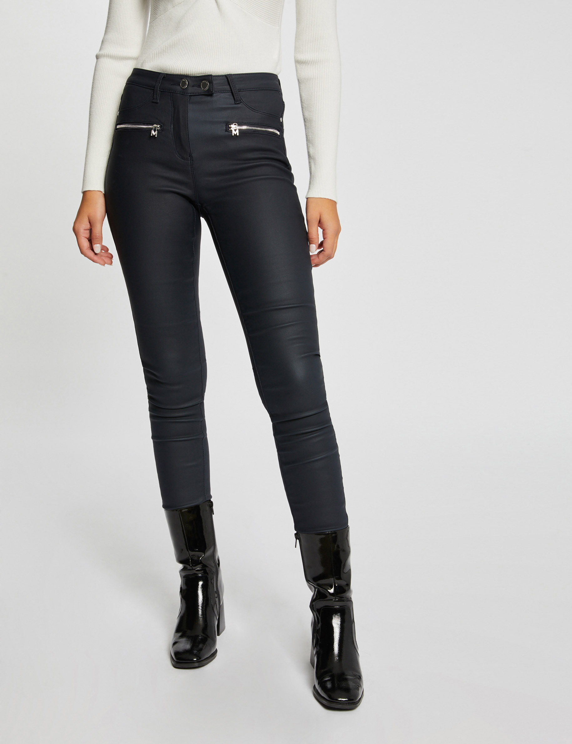pantalon skinny enduit details zippes marine femme Pantalon skinny enduit détails zippés marine femme