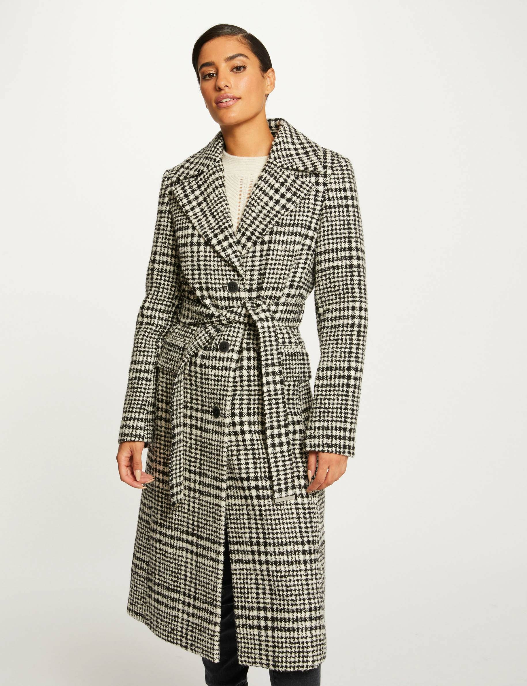 Image of Manteau droit ceinturé imprimé ecru femme
