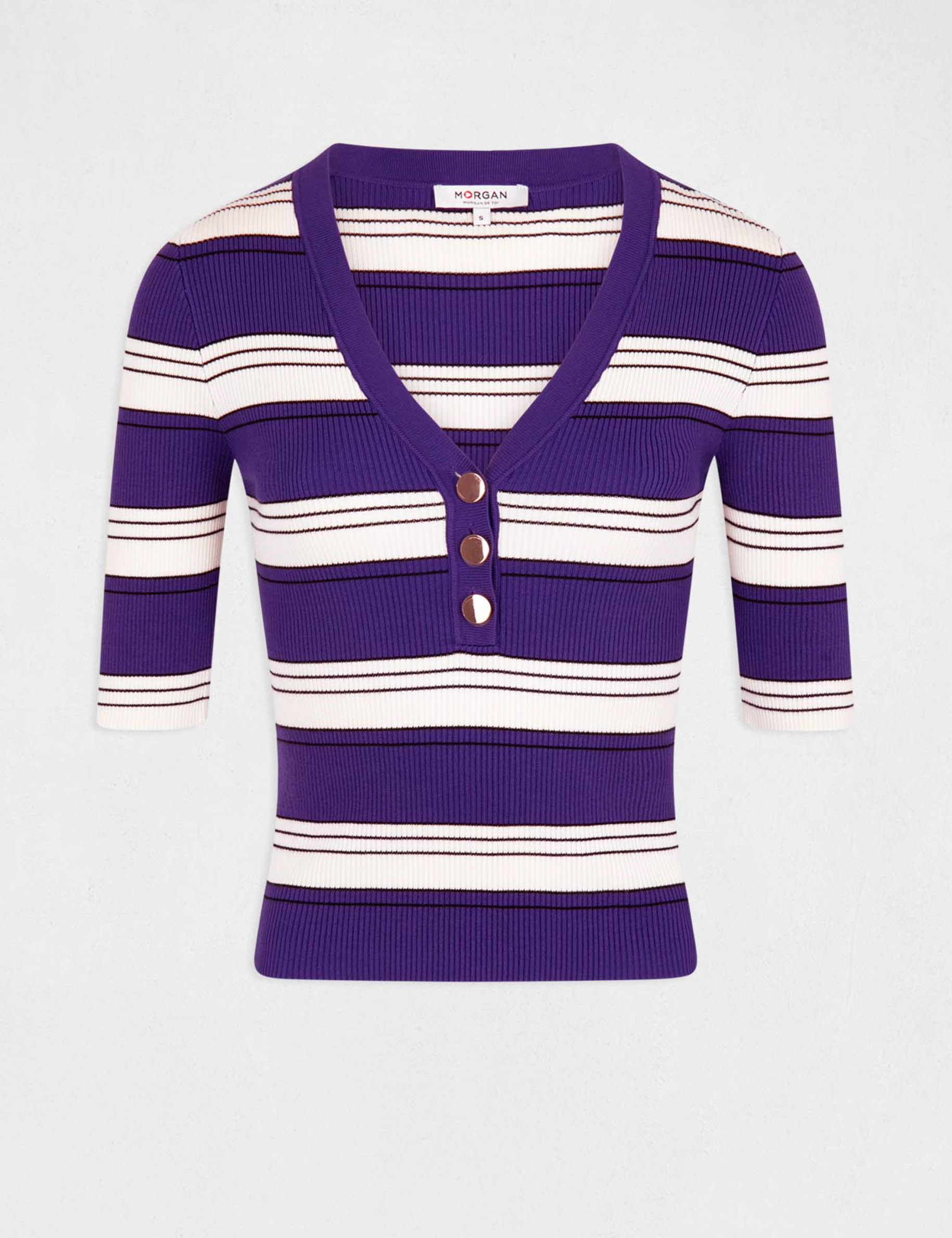 Pull manches courtes à rayures violet femme Pull manches courtes à rayures violet femme
