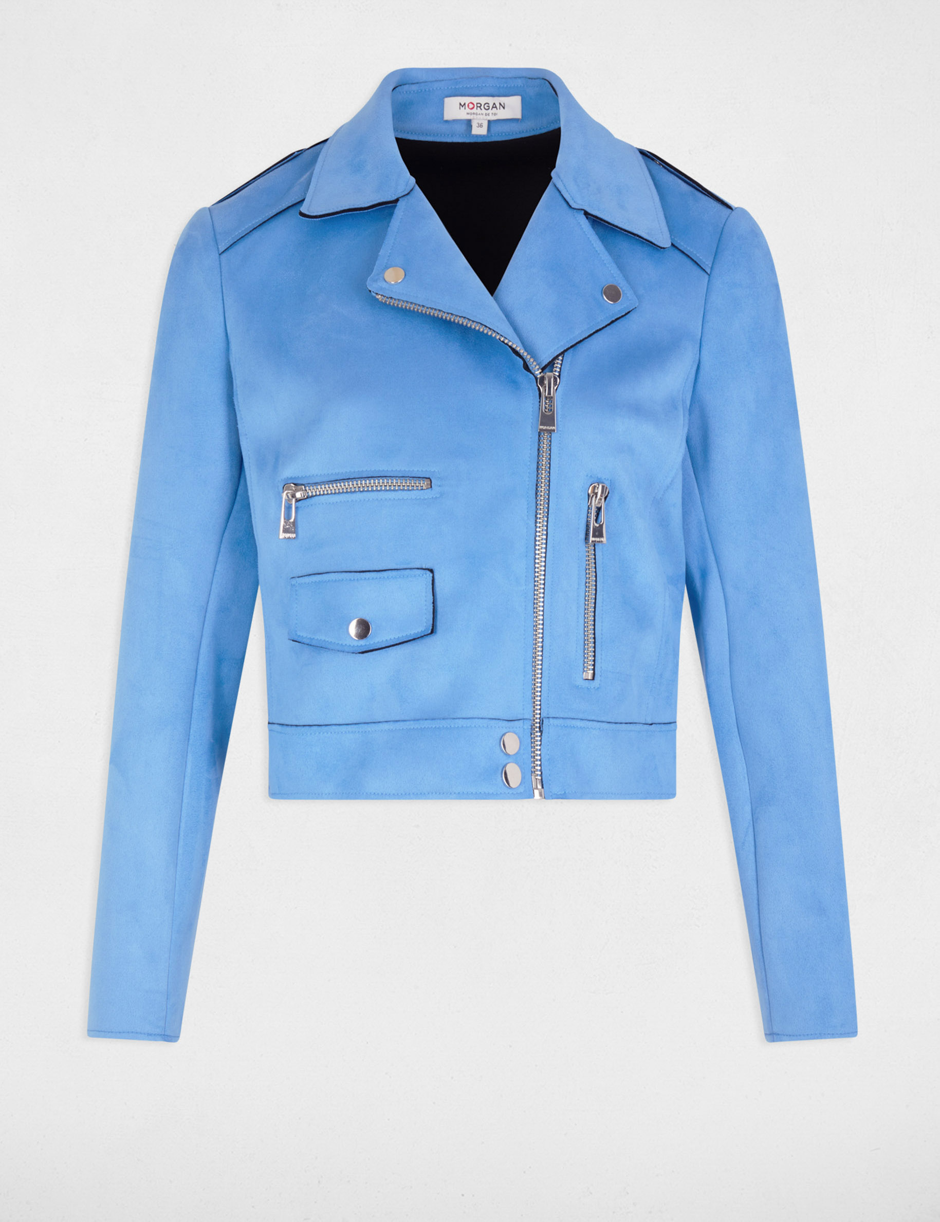 blouson court zippe suedine bleu femme Blouson court zippé suédine bleu femme