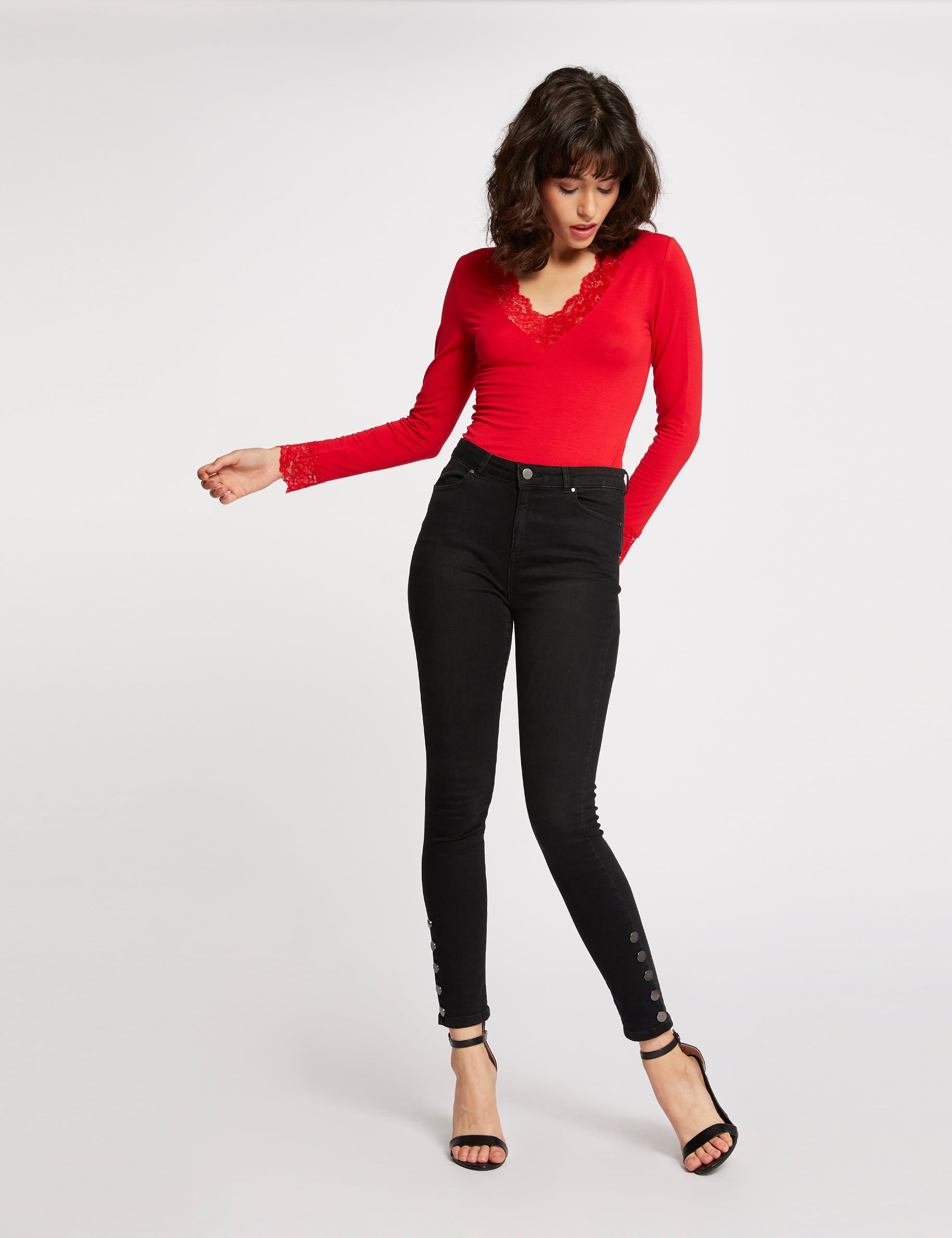 T-shirt manches longues avec dentelle rouge femme