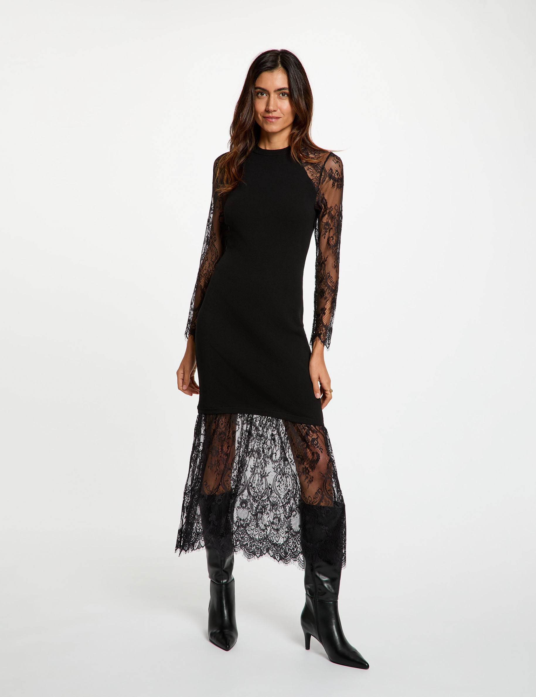 Robe tricot avec d&eacute;tails en dentelle noir femme