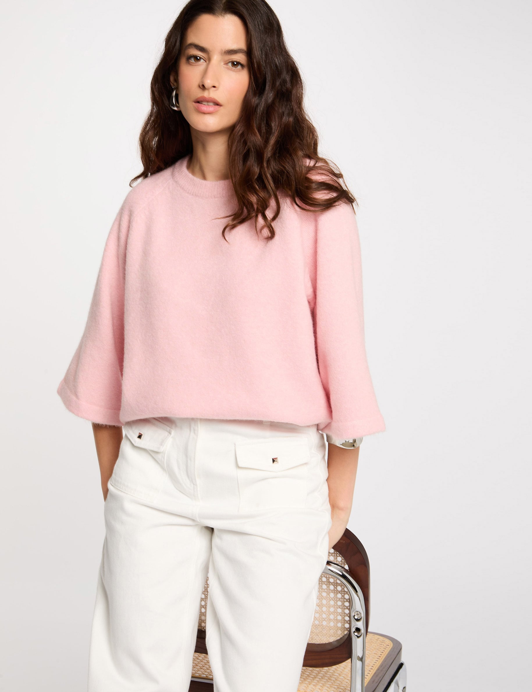 Pull manches 3/4 oversize rose poudr&eacute;e femme