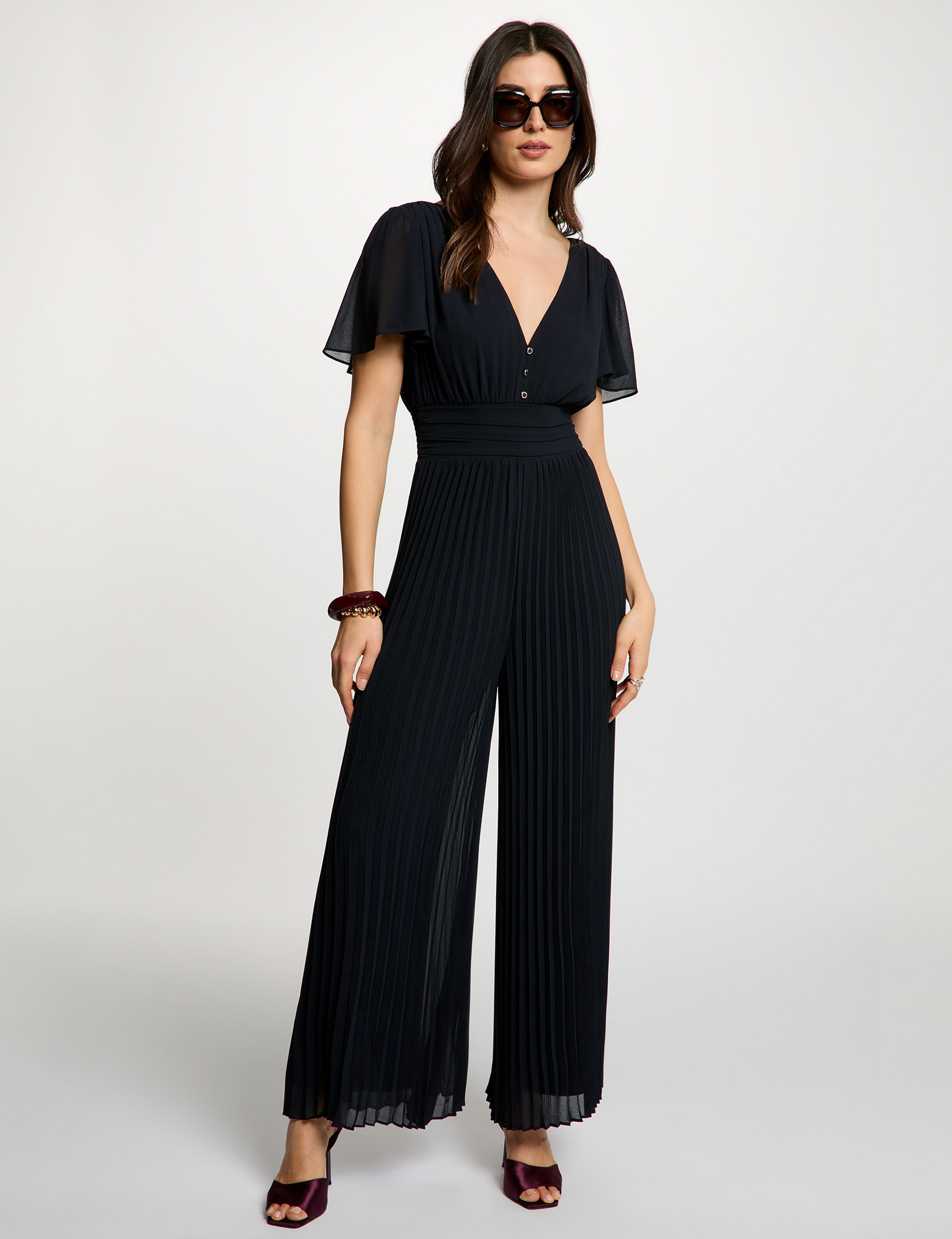 Combinaison pliss&eacute;e col v bleu marine femme