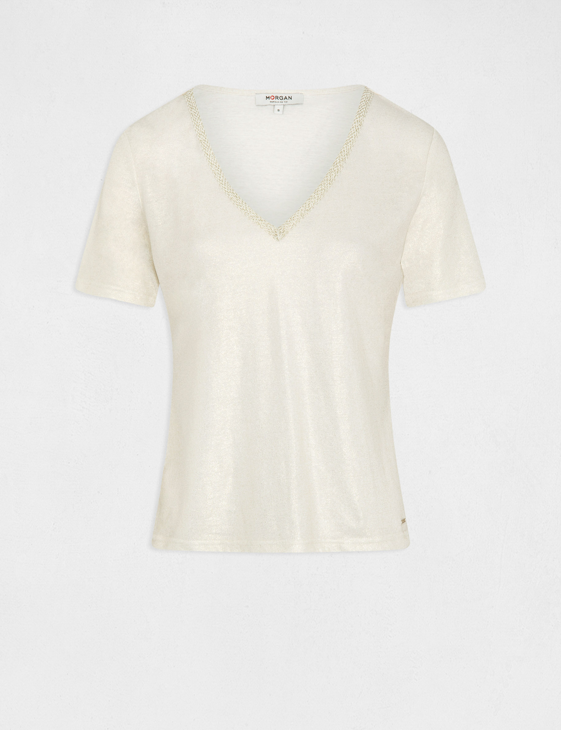 T-shirt manches courtes col en V ecru femme T-shirt manches courtes col en V ecru femme