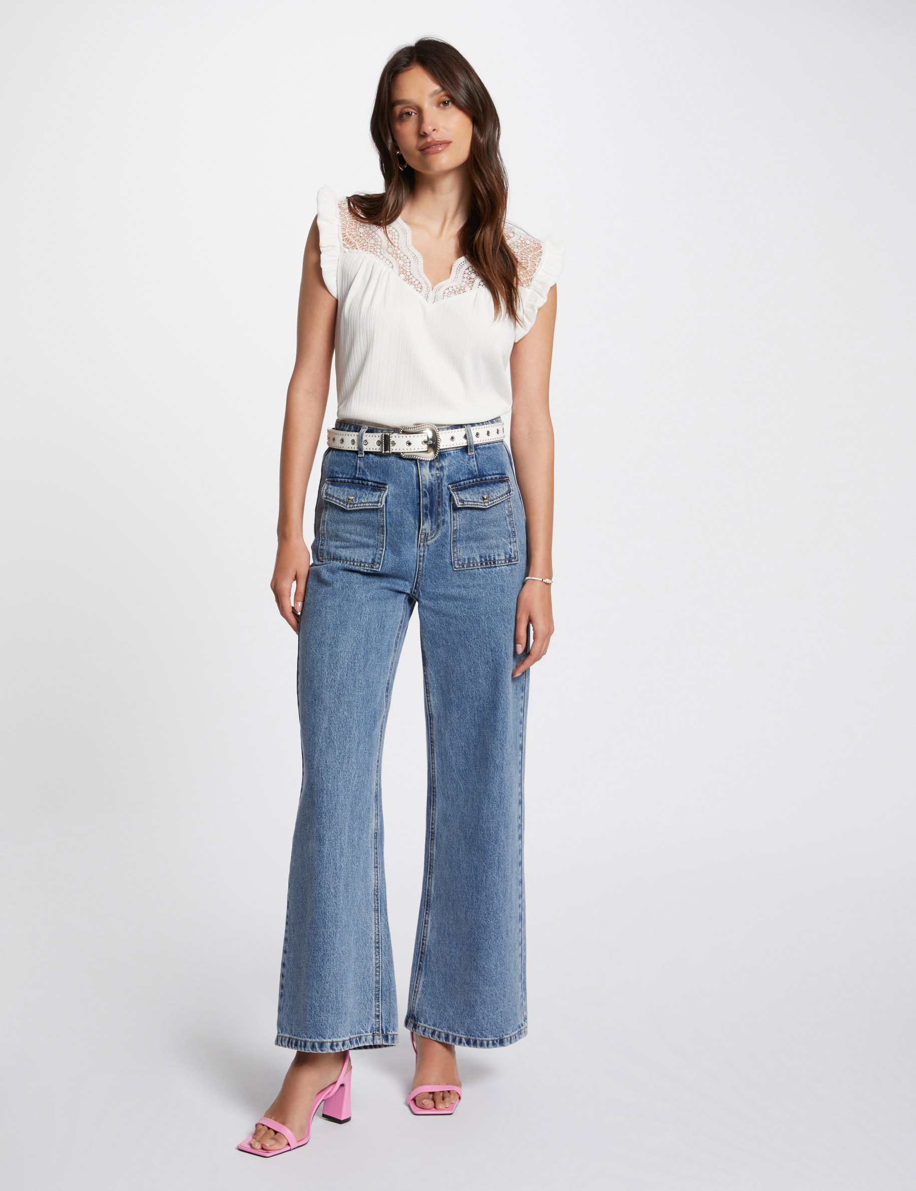 top plisse avec dentelle ivoire femme Top plissé avec dentelle ivoire femme