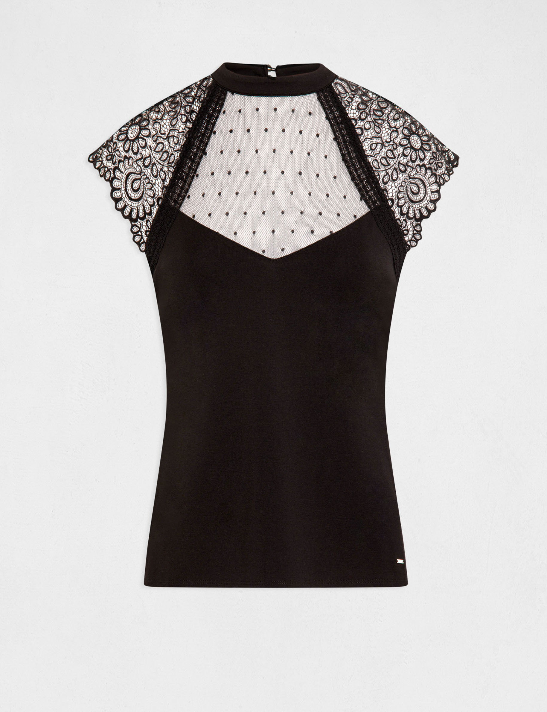 T-shirt manches courtes à dentelle noir femme