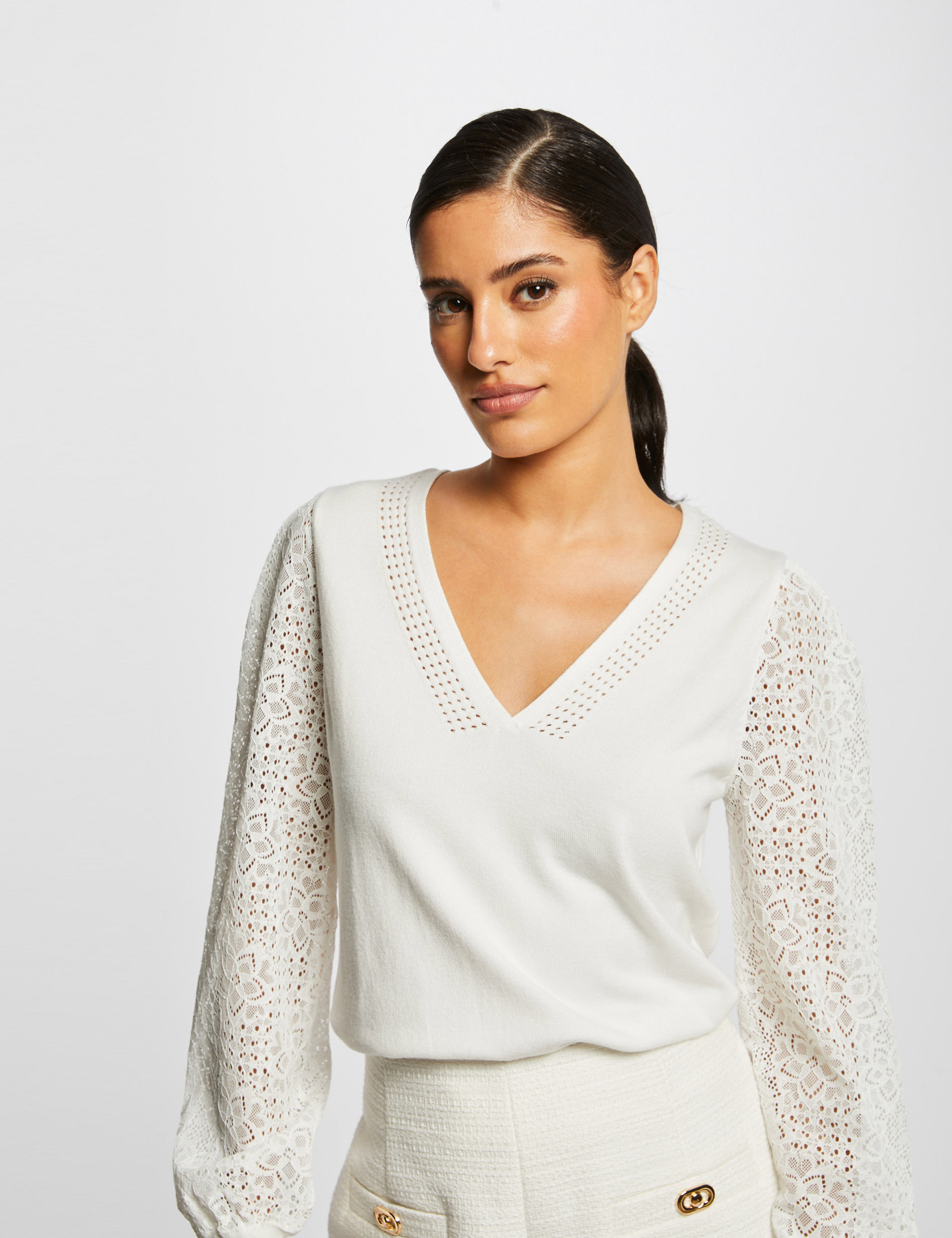Pull manches longues en dentelle ecru femme Pull manches longues en dentelle ecru femme
