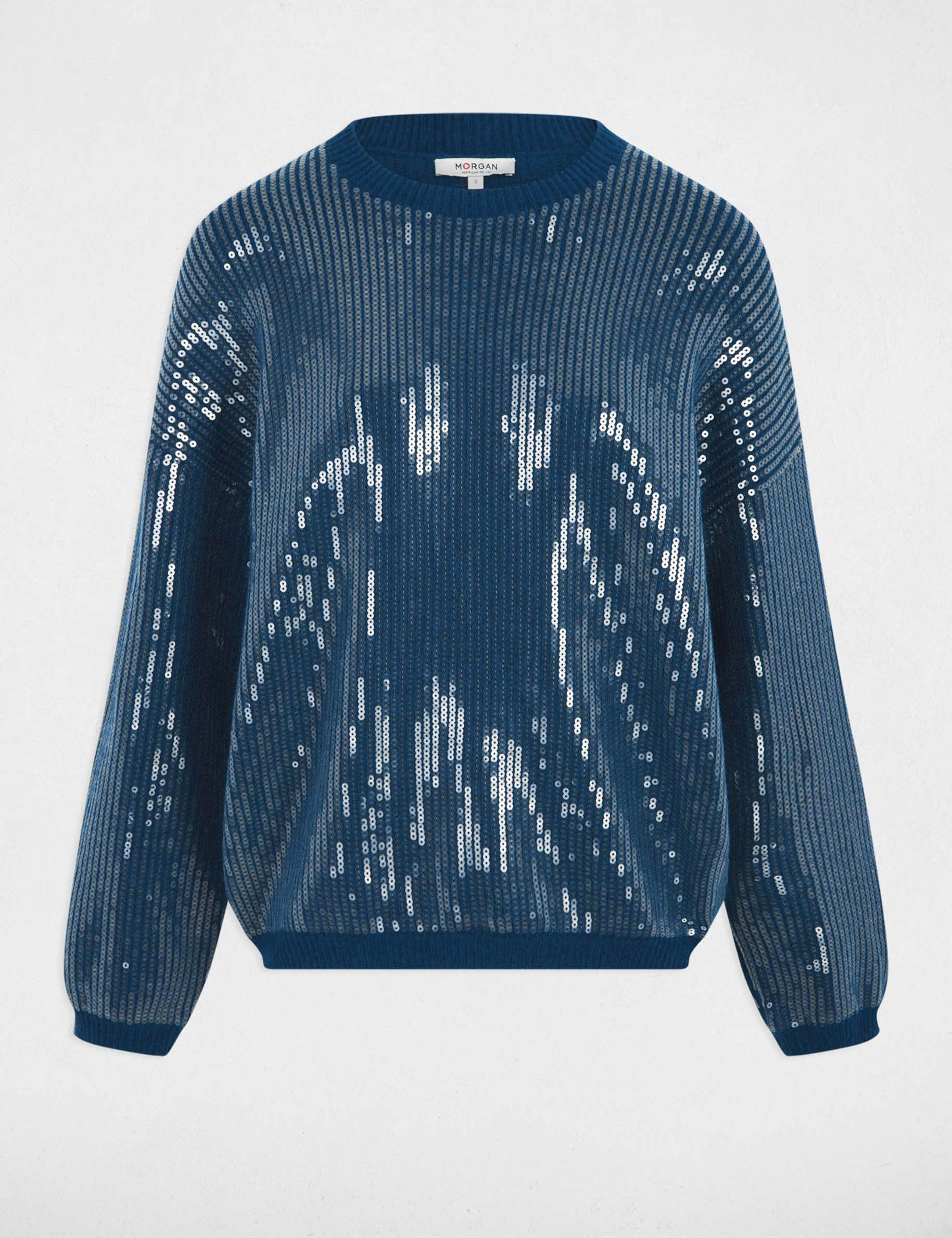 Pull sequins col rond bleu p&eacute;trole femme