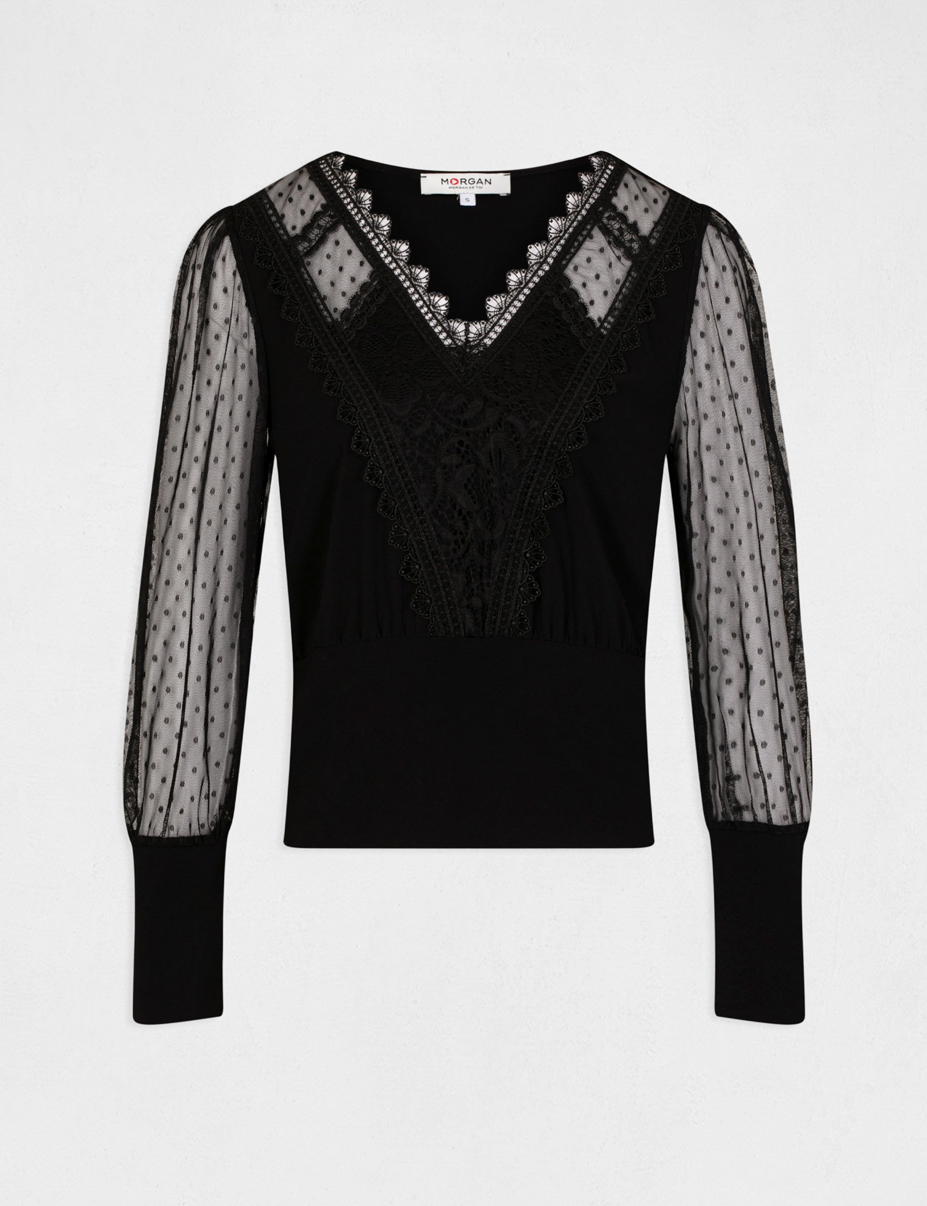 T-shirt manches longues avec plumetis noir femme